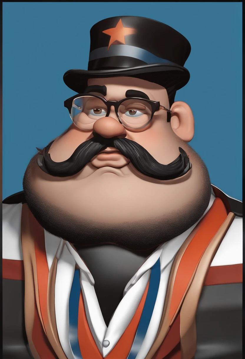 Cartoon character of a fat man wearing black glasses , careca e com barba preta onde os pelos do rosto proximo ao queixo sao grisalhos usa uma camisa azul, um personagem animado, barba preta, Caractere estilizado, animation style rendering, 3D estilizado, Arnold Maya render, 3 d render stylized, toon render keyshot, Personagem 3D, Personagem 3D, 3d rendering stylized, 3 d character render, personagem de desenho animado, Personagem de close up, Pose de personagem, (Estilo Pixar) (master part:1.2) (Bokeh) (best quality) (pele detalhada) (textura detalhada) (8k) (argila) (Cinematic lighting) (foco nítido,Senta e vaza a parte superior do corpo