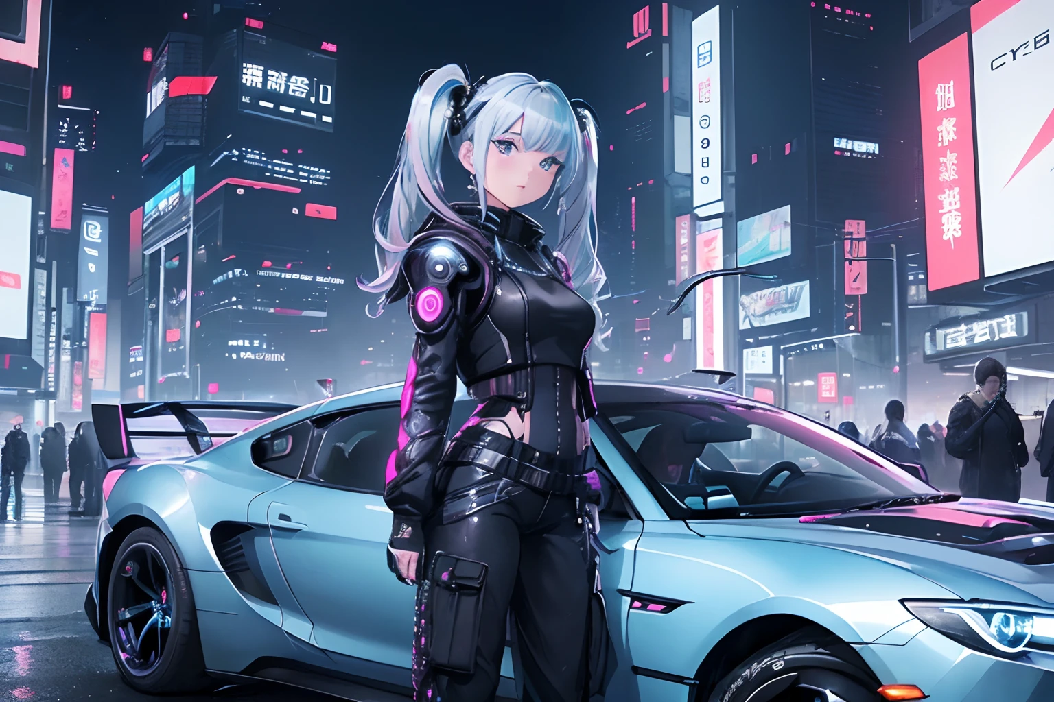 (deep in the night:1.3)、、(Detailed beautiful skin texture、detailed beautiful faces、Ultra-detailed clothing texture)、、(cyberpunked:1.4)、、(2females、18year old、Colossal tits、With long silver hair、blue eyess)、(Pink jacket、Black tank top、Cargo pants)、Standing next to you(Ultra-detailed four-wheeled long bonnet、 、(3/4Front view、The car is located in the center of the frame)、、(car park、Cyberpunk's ultra-detailed night city)、(All Car Cyberpunk Custom Cars)、、(softlighting)、、(​masterpiece、top-quality:1.4、8K、ultra-detailliert、illustratio、Distinct_image、Convoluted_Details、delicate illustration)、(realisitic:0.15)、(Twintail)、Pearl Color､Neon blue and black cyberpunk light tiger