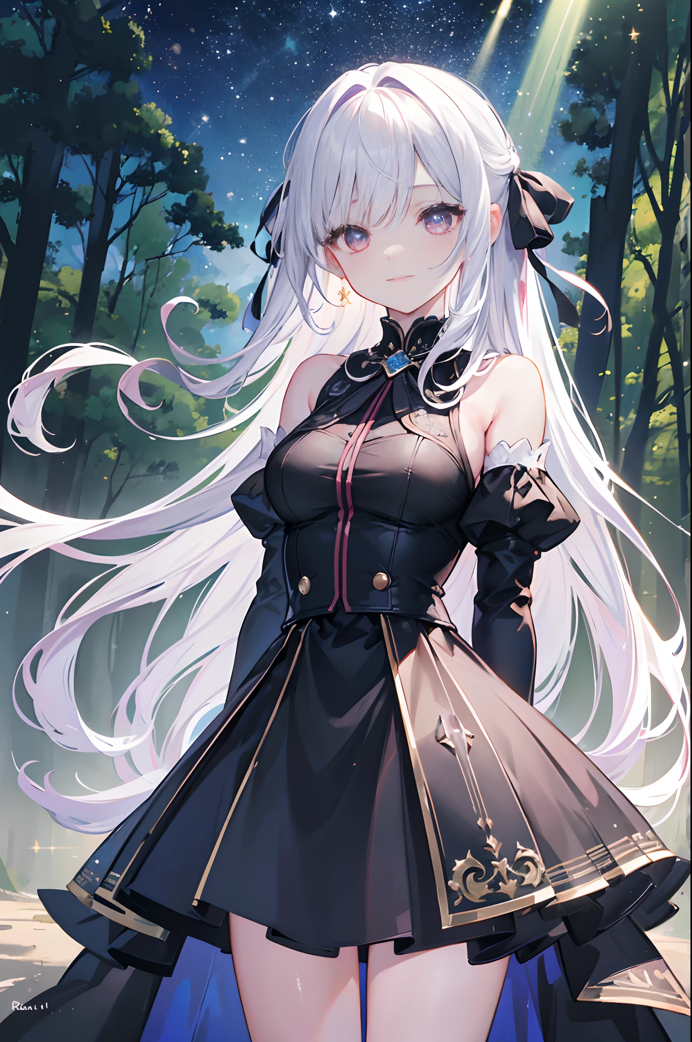 16k, 8k, 4K, HD, 1080P, highres,((best quality)),high resolution, award winning, high quality, high details, super detail, textured skin, anatomically correct, ccurate,((masterpiece)), UHD, retina,extremely detailed wallpaper,vivid colors,professional, ultra-detailed,
cinematic lighting, studio lighting,sun rays, sparkle, god rays, glowing light, ray tracing, reflection light, bloom, film grain, drop shadow,detailed light,detailed hair,detailed hand,
(eye reflection),reflective eyes,beautiful
eyes,(beautiful detailed eyes),(beautiful round iris),(perfect anatomy),expressive eyes,
happy,light smile,blushing,
(cowboy shot),
anime,anime style,op art,
(1girl),(cute pretty young girl),(cute),((medium breasts)),long hair,white hair,(shiny hair),(hair between eyes),(dark red eyes),((wearing a black dress with details,black medium skirt,black sleeves)),(hair ribbon),(((standing : 1.2))),(((arms behind back : 1.3))),((scenery: 1.3)),(detailed forest background),