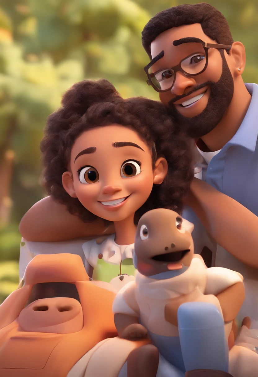 An illustration of an adorable couple, Highlight for a chubby mulatto man with glasses smiling and a brunette woman with beautiful expressive eyes - the man's skin is mulatto and the man's hair haswhile the woman's skin is black and the woman's hair is straight and brown. They are a bright room, cada um com um sorriso no rosto, e compartilhar um momento especial caracterizado pelo amor, Insights. Illustrate this scene from a perspective where they are facing the camera, Smiling and Showing Your Connection. Desenvolva esta arte em Full HD, Focus on your cinematic touch, Estilo Disney Pixar Animations