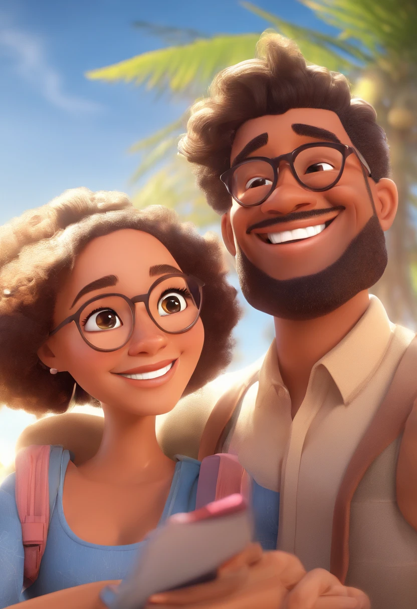 An illustration of an adorable couple, Highlight for a chubby mulatto man with glasses smiling and a brunette woman with beautiful expressive eyes - the man's skin is mulatto and the man's hair haswhile the woman's skin is black and the woman's hair is straight and brown. They are a bright room, cada um com um sorriso no rosto, e compartilhar um momento especial caracterizado pelo amor, Insights. Illustrate this scene from a perspective where they are facing the camera, Smiling and Showing Your Connection. Desenvolva esta arte em Full HD, Focus on your cinematic touch, Estilo Disney Pixar Animations