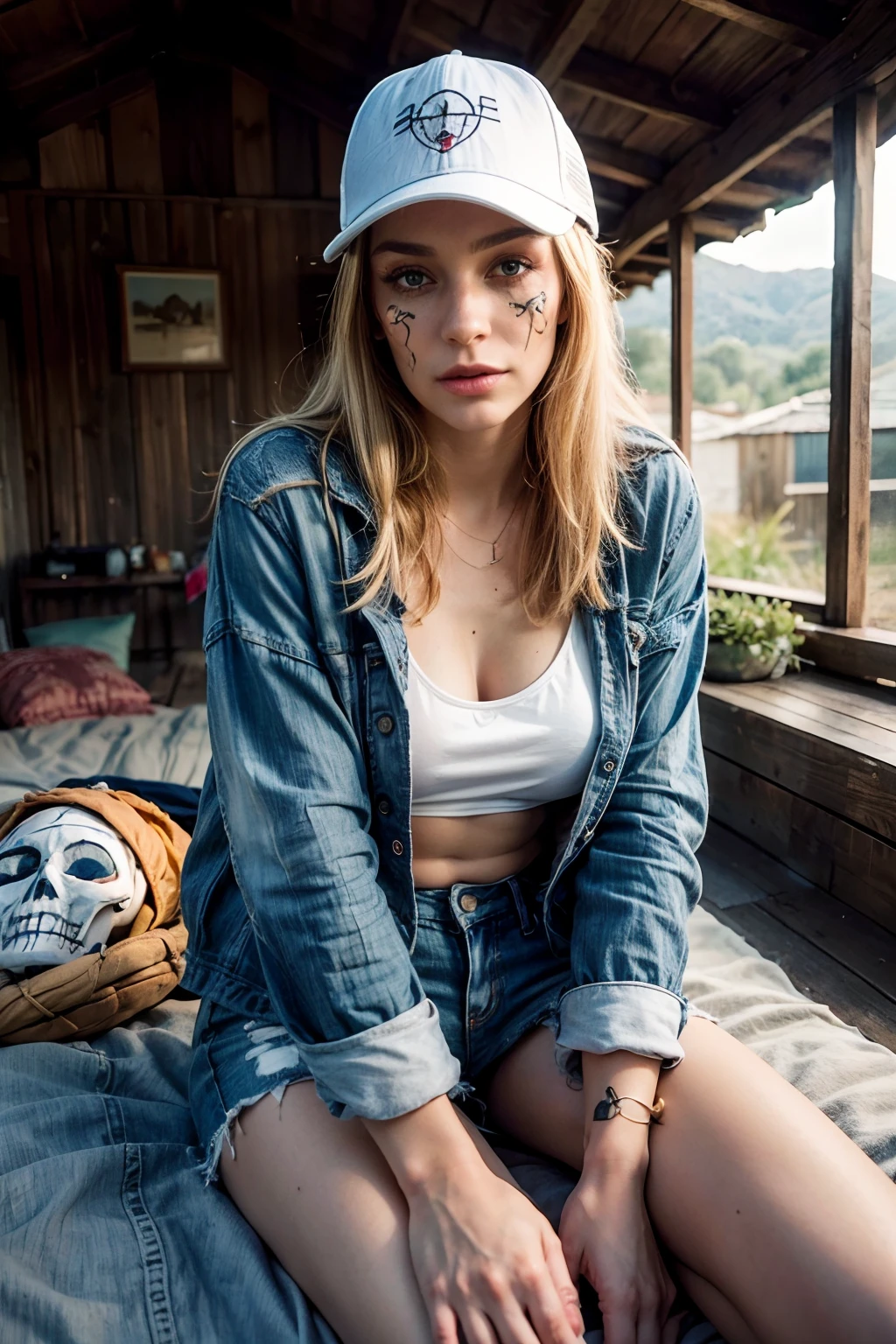 1 woman, 30yo,realistic photo, raw, close-up portrait:1.5, she has (las Muertos makeup:1.4) on, her face painted like white skull, she's beside a natural blue lagoon hot-springs, travertine, outside, sun has just set, orange red sky, backlit (hot-springs steam:1.1) , (she's wearing tshirt, a colorful hand-made jacket, jean shorts and fuzzy warm boots),(she has worn baseball trucker hat:1.2) on, hat has sunflower patch on front, hat is pulled down to her eyes, (relaxed intimate photoshoot), blonde hair, beautiful face, joyful woman, slight smile, she's happy here, perfect dusk, cozy relaxed, looking into the camera, beautiful hands, kind eyes, (exterior is beautiful landscape:1.6), gorgeous extraordinary natural sunset lighting:1.4, sunset colors, incredible details, ((high contrast)), (deep, darkest shadows), (shadow details:1.0), ((taken using Leica camera, aperture: f/2.3)) , hyper-realistic skin, pores and freckles, (she has blonde hair, long and messy), healthy sun-kissed skin, blushing, her arms relaxed, blankets around her, relaxed moment, she's in dark with natural light glow, (romantic light:1.2), radiant skin, perfectly framed face, perfect relaxed hands, perfect fingers, (perfect portrait, incredible eyes:1.1), a work of art, beautiful composition, golden ratio, playful joy, inspiring, (highest quality fabric texture), every detail,Fine facial features – (Highest Quality) ,Leica camera film, High quality ○○ detailed – ○○ details ultra detailed(Ultra-fine ), Photorealistic, Extremely detailed(Extremely detailed) , (highest detail image, lens flare, realistic)○○ res – ○○ resolution ultra high res(A high resolution),playfully sexy and relaxed photos