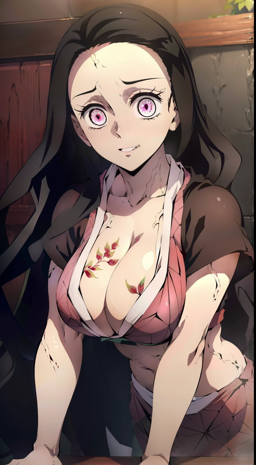 Extraordinarily beautiful composition, ultra sharp image, Beautiful figure, Gloomy sexy pose background, Leaning on the table, stands sideways, ultra detail face, Ultra Transparent, Nezuko Kamado from Demon Slayer, ultra sharp image, Ultra Beautiful, Lovely Medium Breasts. black hair, Transition to red, Japanese bath, Beautiful figure, taut clothes, black cape on pink kimano, big breastes, Smiling, green colored eyes, handsome body, sexy clothes, Beautiful eyes, very detailed eyes, Very detailed face, handsome body, Cherecter Desing, Sex position, Very detailed, Detailed body, Detailed hands, Detailed, Vibrants, Detailed Face, sharp-focus, WLOP, artgerm, anime art, Vibrants, Detailed Face, Hugh Details, sharp-focus, Very drooping face, A detailed eye, super fine illustration, better shadow, finely detail, Beautiful detail