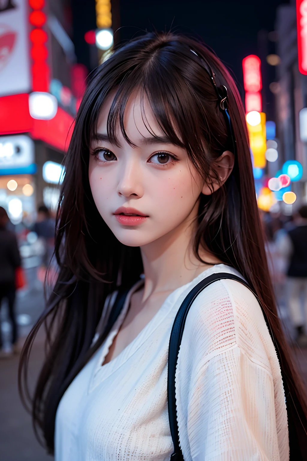 1 girl, Tokyo Street,night, Streetscape,City lights,Upper Body,close,smile,, (8k, RAW Photos, highest quality, masterpiece:1.2),(Realistic, photo-Realistic:1.37),