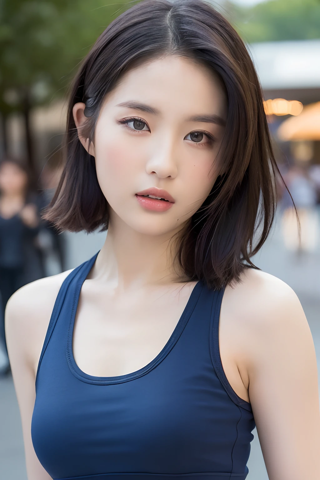 ((Best quality, 8k, Masterpiece :1.3)), Sharp focus: 1.2, Perfect Body Beauty: 1.4, Slim Abs: 1.2, ((Layered hairstyle: 1.2)), (Tank top shirt:1.1), (Street: 1.2), Highly detailed face and skin texture, Fine eyes, Double eyelids