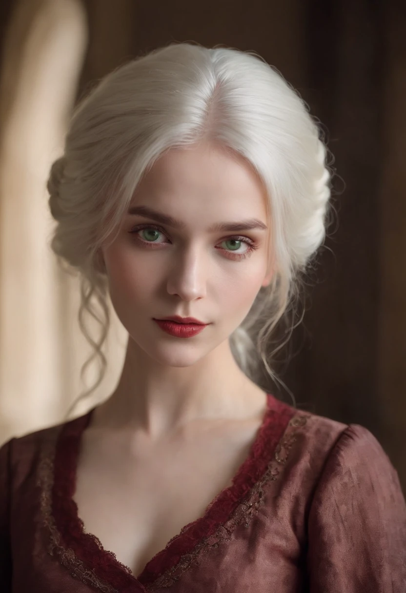 (((a deep reddish wound crosses her left cheek))) fair complexion, woman around 19 years old, natural white hair, distinctive green eyes, wearing kohl, slender and graceful, beautiful, candlelight in a medieval setting, ultra sharp focus, realistic shot, medieval female clothes, tetradic colors (scar:1.4)