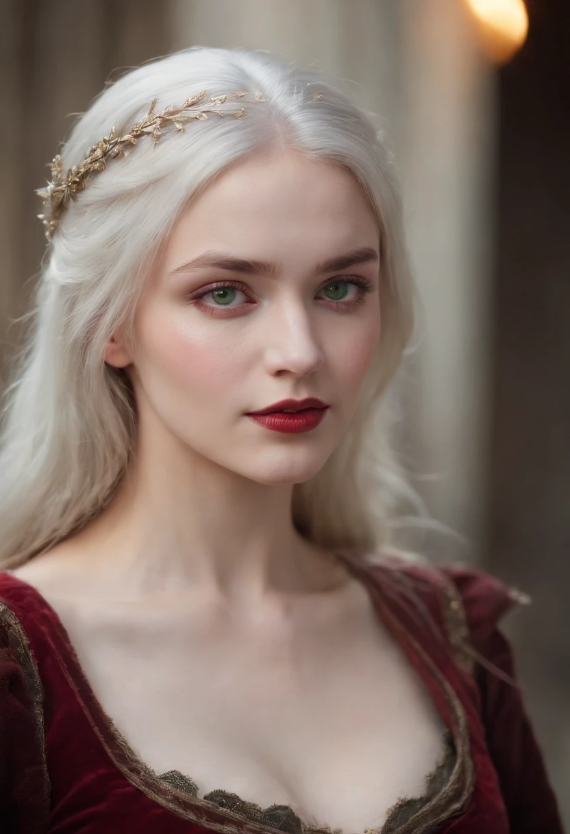 (((a deep reddish wound crosses her left cheek))) fair complexion, woman around 19 years old, natural white hair, distinctive green eyes, wearing kohl, slender and graceful, beautiful, candlelight in a medieval setting, ultra sharp focus, realistic shot, medieval female clothes, tetradic colors (scar:1.4)