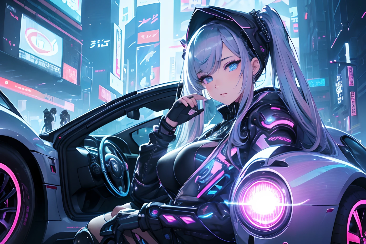 (deep in the night:1.3)、、(Detailed beautiful skin texture、detailed beautiful faces、Ultra-detailed clothing texture)、、(cyberpunked:1.4)、、(2females、18year old、Colossal tits、With long silver hair、blue eyess)、(Pink jacket、Black tank top、Cargo pants)、Standing next to you(Ultra-detailed four-wheeled long bonnet、 、(3/4Front view、The car is located in the center of the frame)、、(car park、Cyberpunk's ultra-detailed night city)、(All Car Cyberpunk Custom Cars)、、(softlighting)、、(​masterpiece、top-quality:1.4、8K、ultra-detailliert、illustratio、Distinct_image、Convoluted_Details、delicate illustration)、(realisitic:0.15)、(Twintail)、Pearl Color､Neon blue and black cyberpunk light tiger