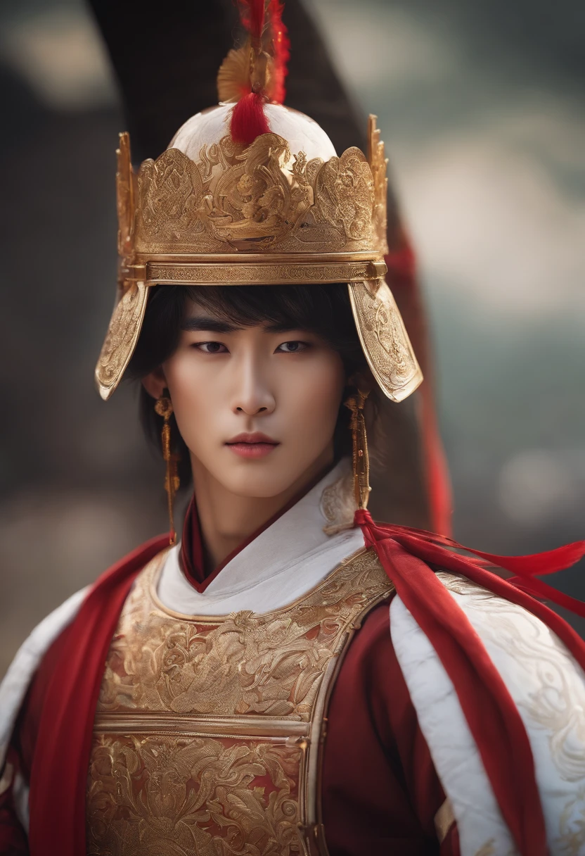 MACHAO,A young general in white,A white horse,A long gun,The war is raging,Warring states,The helmet which is gorgeous with a silver pattern,Clear, delicate and handsome facial features as Chinese warrior in red robes, Dynasty warrior style, Elaborate and gorgeous CGI anime style, 8K highly detailed digital effect fantasy, cgsociety 9, epic digital art illustration, and Mumford and Alex Gray style, Bio-luminescence