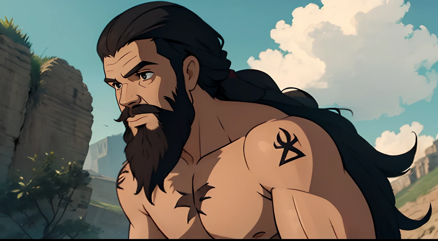 Khal Drogo, Game of Thrones, miyazaki hayao, long hair, braided hair, beard, braided beard, long beard, muscular physique, heavily tattooed, formidable presence, shirtless