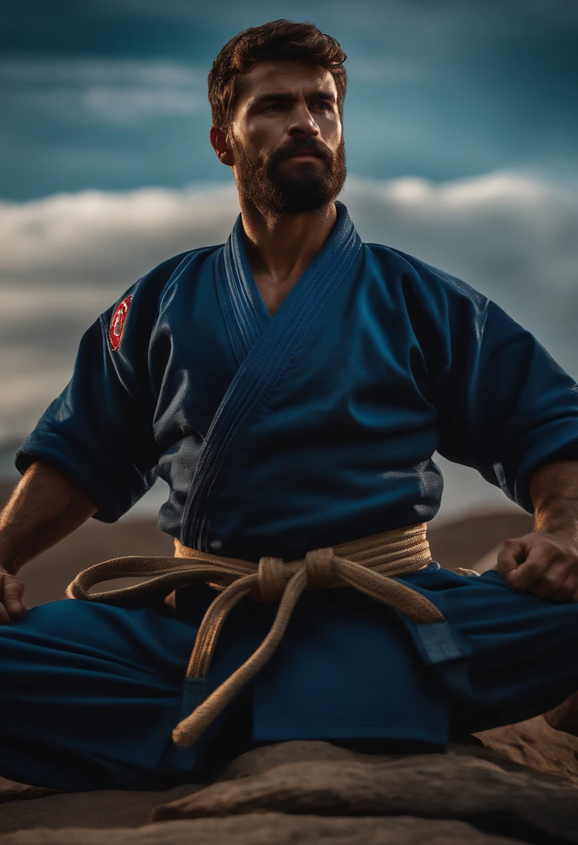 homem em frente a uma gigantesca montanha ao fundo, with arms crossed, Man in combat position, Quimono de jiu-jitsu, 8k, hyper realista, detalhado.