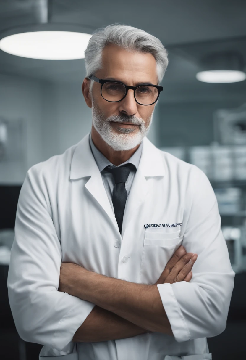 A man with gray hair and black-rimmed glasses is wearing a white lab coat. Ele possui uma barba espessa e escura. The environment appears to be an office or clinic, with bright lighting and some equipment in the background.