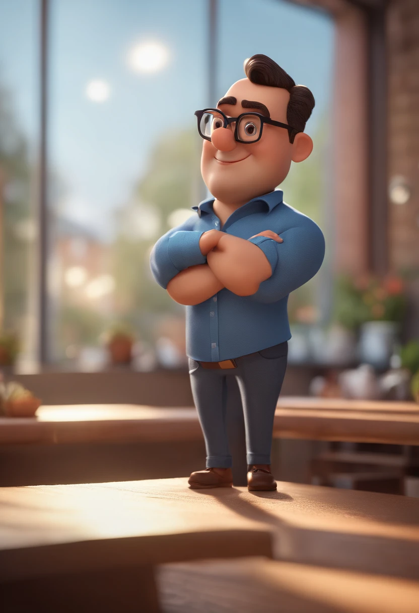 Cartoon character of a man with black glasses and a blue shirt, animation character, Caractere estilizado, animation style rendering, 3D estilizado, Arnold Maya render, 3 d render stylized, toon render keyshot, Personagem 3D, Personagem 3D, 3d rendering stylized, 3 d character render, personagem de desenho animado, Personagem de close up, Pose de personagem,  (Estilo Pixar) (master part:1.2) (Bokeh) (best quality) (pele detalhada) (textura detalhada) (8k) (argila) (Cinematic lighting) (foco nítido