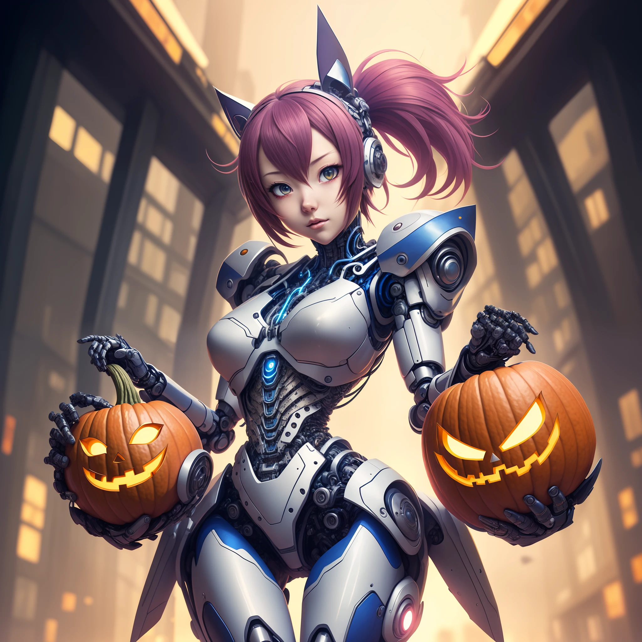 anime character with a pumpkin and a bat costume, best anime 4k konachan wallpaper, cyberpunk anime girl mech, cute cyborg girl, girl in mecha cyber armor, mechanized witch girl, biomechanical oppai, cushart krenz key art feminine, fully robotic!! catgirl, halloween art style, digital cyberpunk anime art, robot girl