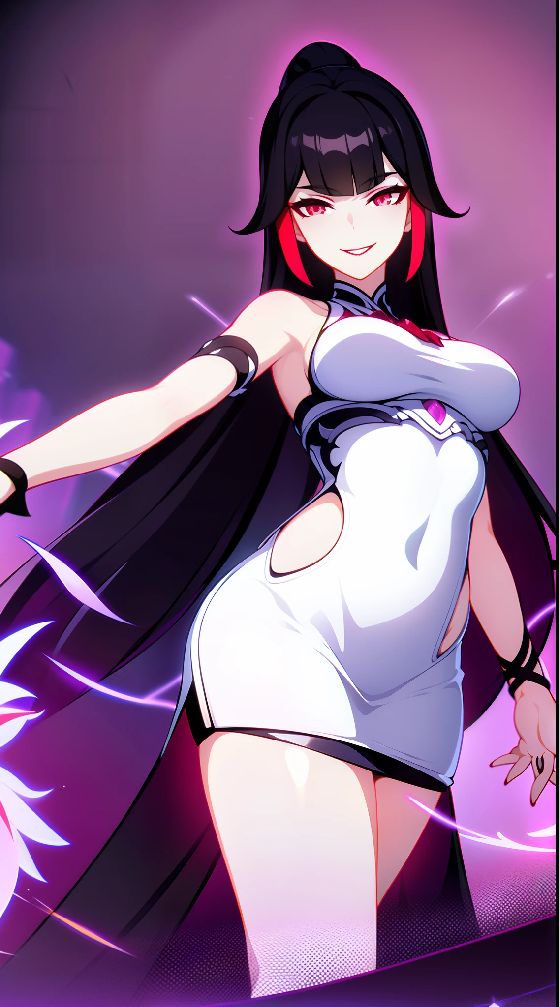 shiranui, medium hair, brown hair, hair between eyes, red eyes, hair ribbon, black ribbon, huge breasts, shiranuioutfit, black gloves, black thighhighs, covered collarbone, shiny clothes, skin tight, see-through leotard, black leotard, impossible leotard, highleg leotard, turtleneck, detached sleeves, vambraces, white jacket, sleeveless jacket, m legs, missionary, pussy juice  shy, first-person view