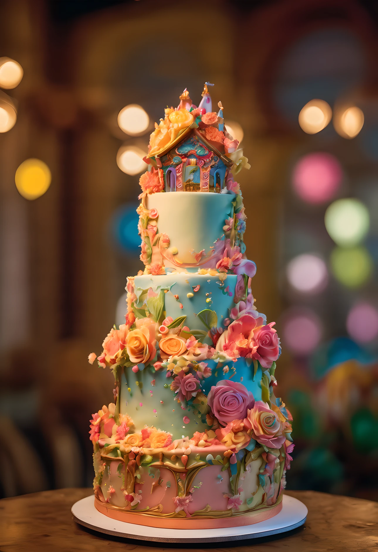 Photography of a whimsical birthday cake, adorned with vibrant colors and intricate decorations. The cake is a towering masterpiece, with multiple tiers and sculpted sugar flowers. In the background, a playful carousel spins, adding a touch of magic to the scene. The photograph is framed as a close-up shot, capturing every delightful detail of the cake. The lighting is soft and diffused, enhancing the cake's luscious texture. The cake was photographed by Annie Leibovitz, renowned for her imaginative and captivating portraits. This enchanting image evokes a sense of joy and celebration.