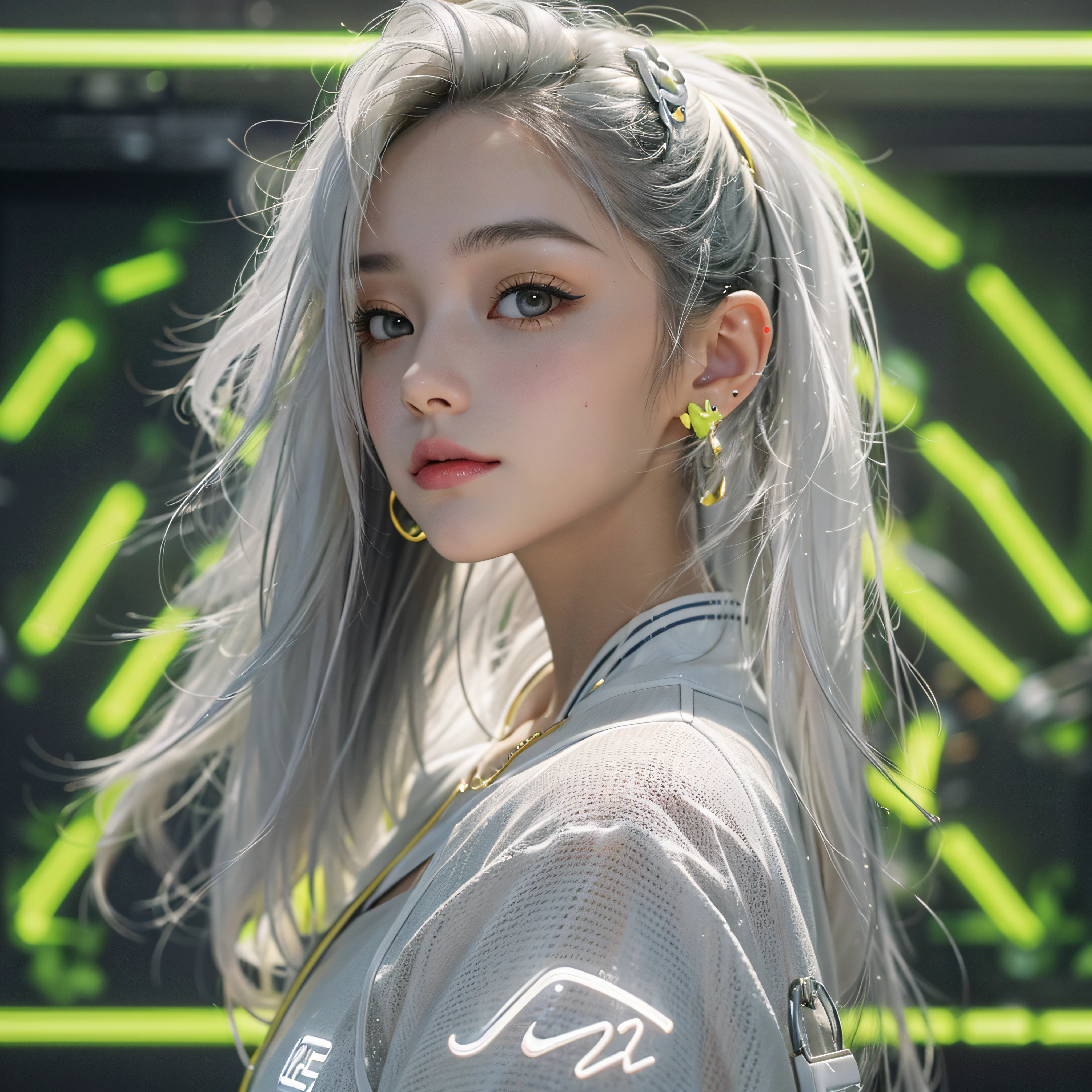 Best quality，tmasterpiece，Ultra-high resolution fills the picture，Indoor at night，Neon lights，Yellow color scheme，Rich egg yellow,Silvery-white hair，Yellow and white tights，Yellow and white color scheme clothing,Sporty skirts，the complex background，Weight instruments in the background，High-tech screen in the background，Lateral face，Smiling，Dress less，There are fitness elements in the rear，nike，nike,nike,Tech gym，Perfect makeup，Love eyes，8K quality，Cyberpunk，sense of science and technology，Character backlighting，rim-light，Movement changes，Flowing hairstyle，Loose hairstyle,The number of fingers is refined，6 avatar diagrams，Luminous stud earrings，Luminous digital necklace，Electronic digital watches，The most beautiful girl in mankind，Delicate close-up of the face，Realistic image quality，Super light and shadow，Very good figure，Meticulous，Arrow symbol，Brand sense，English slogan neon，Runway lights，Fitness gym at night，Very good figure，Raised sexy