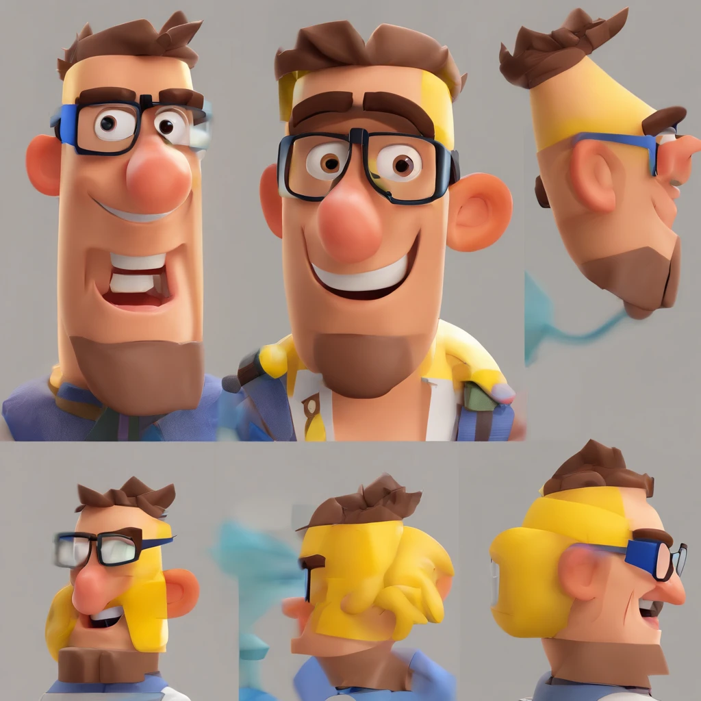 Criar um personagem no estilo Pixar. Trata-se de um homem de 30 anos, com barba, moreno, com cabelos castanhos curtos e um quiff, and brown eyes and square glasses. Ele deve estar na frente de uma colheitadeira vermelha Case.