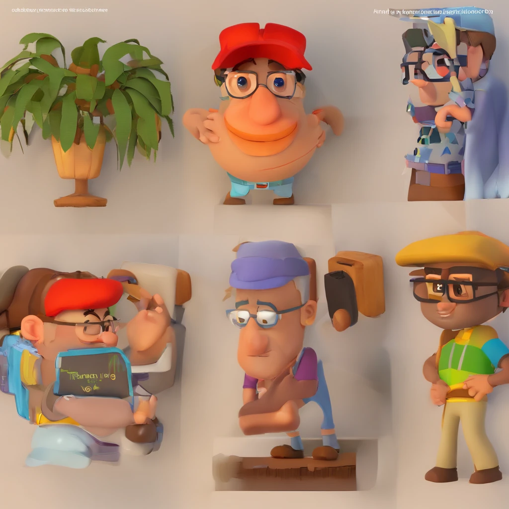 Criar um personagem no estilo Pixar. Trata-se de um homem de 30 anos, com barba, moreno, com cabelos castanhos curtos e um quiff, and brown eyes and square glasses. Ele deve estar na frente de uma colheitadeira vermelha Case.