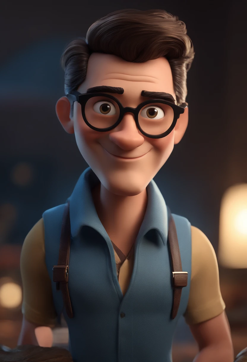 Cartoon character of a man with black glasses and a blue shirt, animation character, Caractere estilizado, animation style rendering, 3D estilizado, Arnold Maya render, 3 d render stylized, toon render keyshot, Personagem 3D, Personagem 3D, 3d rendering stylized, 3 d character render, personagem de desenho animado, Personagem de close up, Pose de personagem,  (Estilo Pixar) (master part:1.2) (Bokeh) (best quality) (pele detalhada) (textura detalhada) (8k) (argila) (Cinematic lighting) (foco nítido