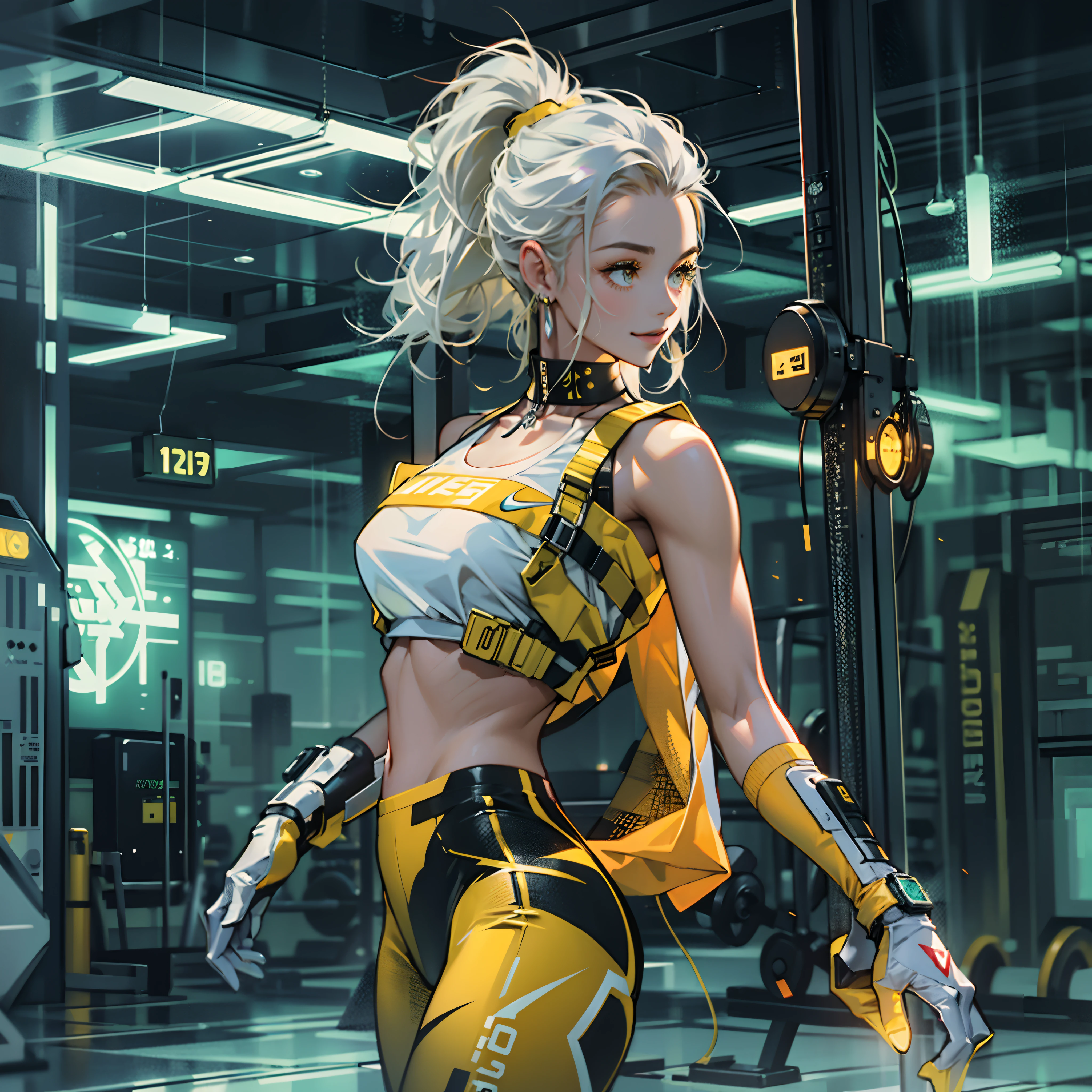 Best quality，tmasterpiece，Ultra-high resolution fills the picture，Inside the gym,Sporty girl,Night indoor black and yellow background color scheme，Neon lights，Sports tights，Sportswear,Yellow and black tracksuits,Liquid color matching clothing,the complex background，Weight instruments in the background，High-tech screen in the background，Lateral face，Smiling，Dress less，There are fitness elements in the rear，Nike brand，Tech gym，Various sports accessories,Various gym scenes,Perfect makeup，Love eyes，8K quality，Cyberpunk，sense of science and technology，Character backlighting，rim-light，Movement changes，Flowing hairstyle，Loose hairstyle,Silvery-white hair，The number of fingers is refined，Luminous stud earrings and luminescent digital necklace，Wear an electronic digital watch，Sports headphones，The most beautiful girl in mankind，Dye hair,Delicate close-up of the face，The overall picture is yellow and black, And the color scheme is realistic and realistic，Super light and shadow，Very good figure，English slogan neon，Runway lights have fair skin，