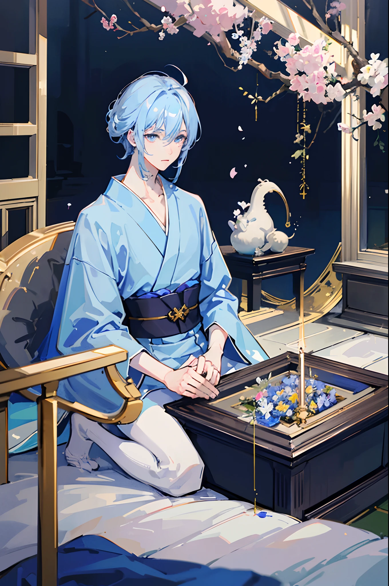 (masterpiece), best quality, expressive eyes, perfect face, blue themed japanese priest/church boy, male, detailed, garden, surrounded by small-petaled flowers, pale blue japanese style robes and clothes with gold details, pale blue eyes, , pale blue hair, church, light blue tint/filter, japanese, masculine, HANDSOME, slender masculine hands, pretty boy