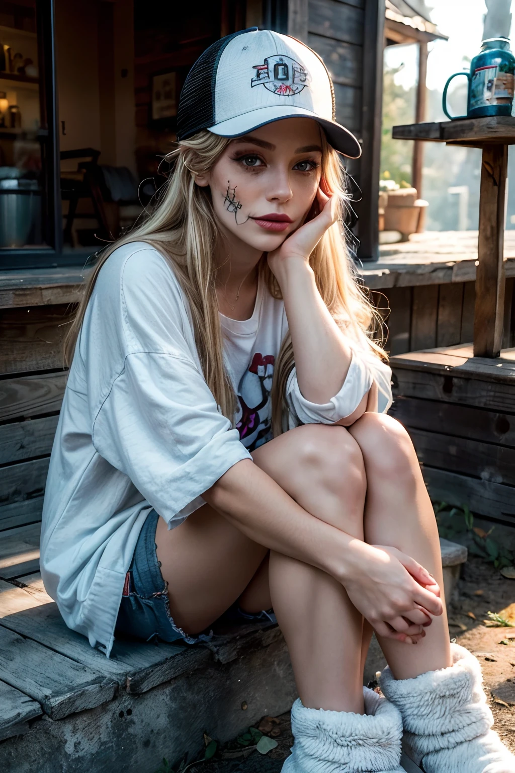 1 woman, 30yo,realistic photo, raw, close-up:1.5, she has (las Muertos makeup:1.4) on, her face painted like white skull, she's beside a natural blue lagoon hot-springs, travertine, outside, sun has just set, orange red sky, backlit (hot-springs steam:1.1) , (she's wearing tshirt, a colorful hand-made jacket, jean shorts and fuzzy warm boots),(she has worn baseball trucker hat:1.2) on, hat has sunflower patch on front, hat is pulled down to her eyes, (relaxed intimate photoshoot), blonde hair, beautiful face, joyful woman, slight smile, she's happy here, perfect dusk, cozy relaxed, looking into the camera, beautiful hands, kind eyes, (exterior is beautiful landscape:1.6), gorgeous extraordinary natural sunset lighting:1.4, sunset colors, incredible details, ((high contrast)), (deep, darkest shadows), (shadow details:1.0), ((taken using Leica camera, aperture: f/2.3)) , hyper-realistic skin, pores and freckles, (she has blonde hair, long and messy), healthy sun-kissed skin, blushing, her arms relaxed, blankets around her, relaxed moment, she's in dark with natural light glow, (romantic light:1.2), radiant skin, perfectly framed face, perfect relaxed hands, perfect fingers, (perfect portrait, incredible eyes:1.1), a work of art, beautiful composition, golden ratio, playful joy, inspiring, (highest quality fabric texture), every detail,Fine facial features – (Highest Quality) ,Leica camera film, High quality ○○ detailed – ○○ details ultra detailed(Ultra-fine ), Photorealistic, Extremely detailed(Extremely detailed) , (highest detail image, lens flare, realistic)○○ res – ○○ resolution ultra high res(A high resolution),playfully sexy and relaxed photos