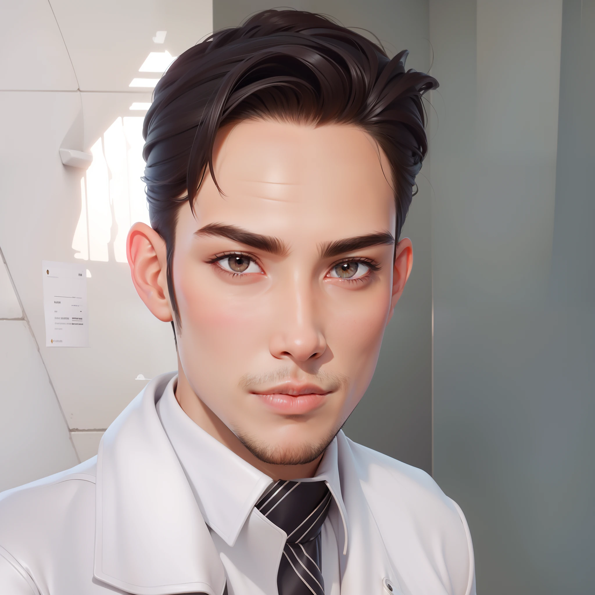 ((Best Quality, 8K, Masterpiece: 1.3)), handsome, young man, smooth skin, stylish, topknot, hunter's eyes, brown eyes, tan, leather jacket, bad boy