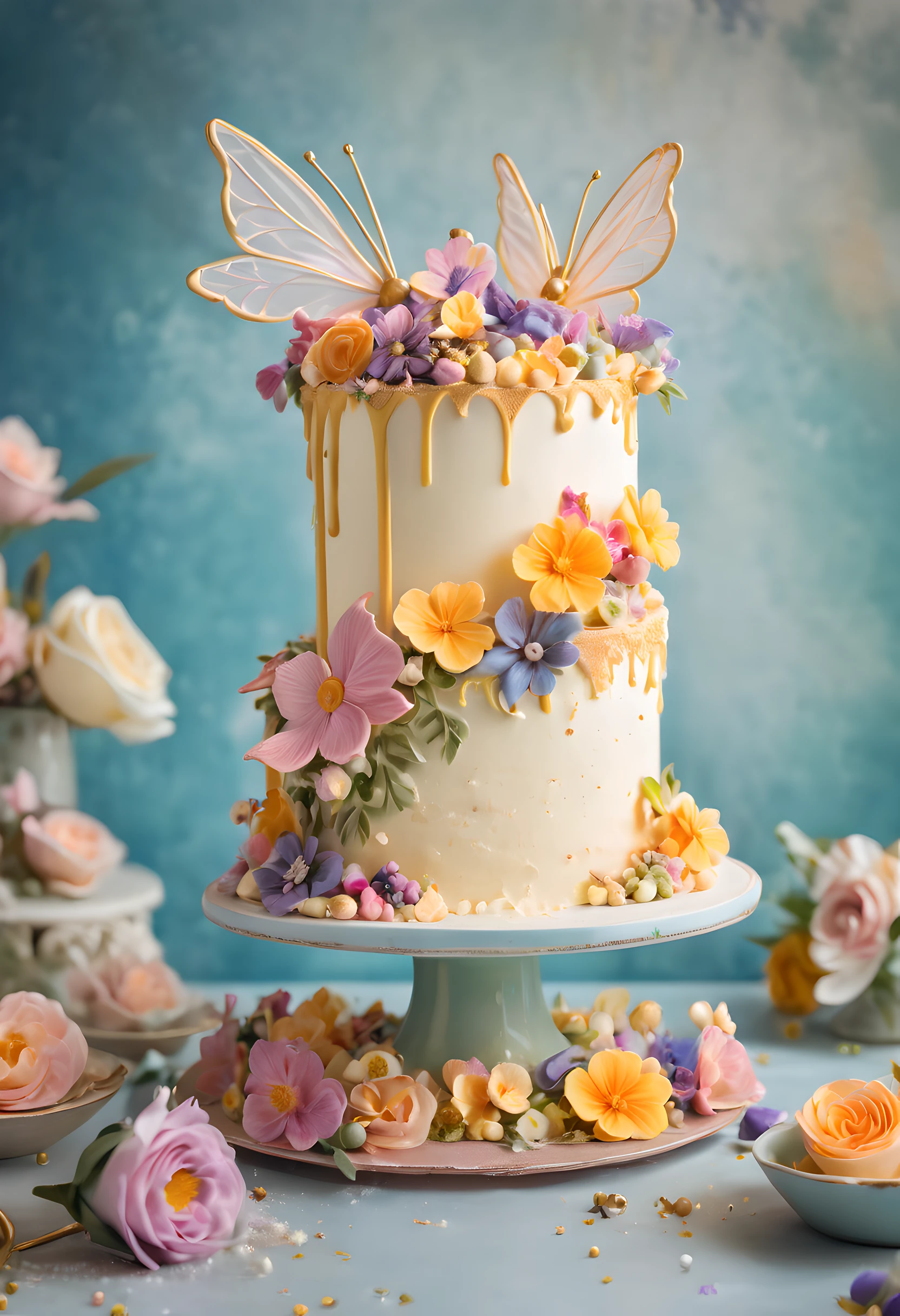 Food Photography of a whimsical birthday cake, exuding an air of enchantment. The cake is a work of art, featuring layers of sponge cake, frosted with smooth buttercream and adorned with edible flowers and delicate sugar sculptures. In the background, a playful group of fairies flit about, adding a touch of whimsy to the scene. The photograph is captured from a low angle, showcasing the cake's grandeur. The lighting is soft and warm, casting a gentle glow on the cake's intricate details. This stunning image was captured by Dina Belenko, known for her imaginative and surreal food photography. It invites viewers into a world of magic and deligh