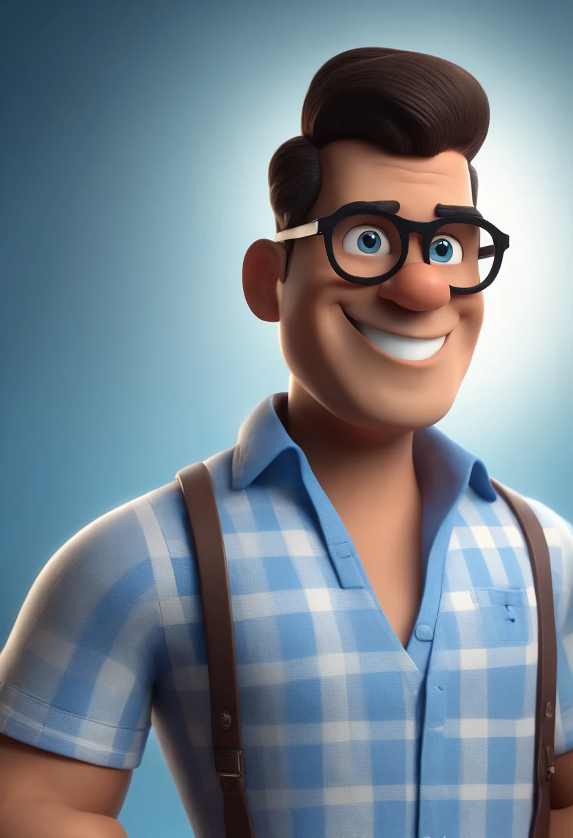 Cartoon character of a man with black glasses, cabelo cacheado marrom escuro e uma camisa azul, animation character, Caractere estilizado, animation style rendering, 3D estilizado, Arnold Maya render, 3 d render stylized, toon render keyshot, Personagem 3D, Personagem 3D, 3d rendering stylized, 3 d character render, personagem de desenho animado, Personagem de close up, Pose de personagem, (Estilo Pixar) (master part:1.2) (Bokeh) (best quality) (pele detalhada) (textura detalhada) (8k) (argila) (Cinematic lighting) (foco nítido