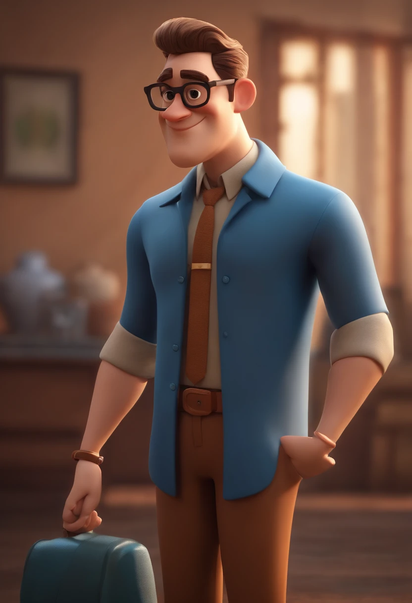 Cartoon character of a man with black glasses, cabelo cacheado marrom escuro e uma camisa azul, animation character, Caractere estilizado, animation style rendering, 3D estilizado, Arnold Maya render, 3 d render stylized, toon render keyshot, Personagem 3D, Personagem 3D, 3d rendering stylized, 3 d character render, personagem de desenho animado, Personagem de close up, Pose de personagem, (Estilo Pixar) (master part:1.2) (Bokeh) (best quality) (pele detalhada) (textura detalhada) (8k) (argila) (Cinematic lighting) (foco nítido