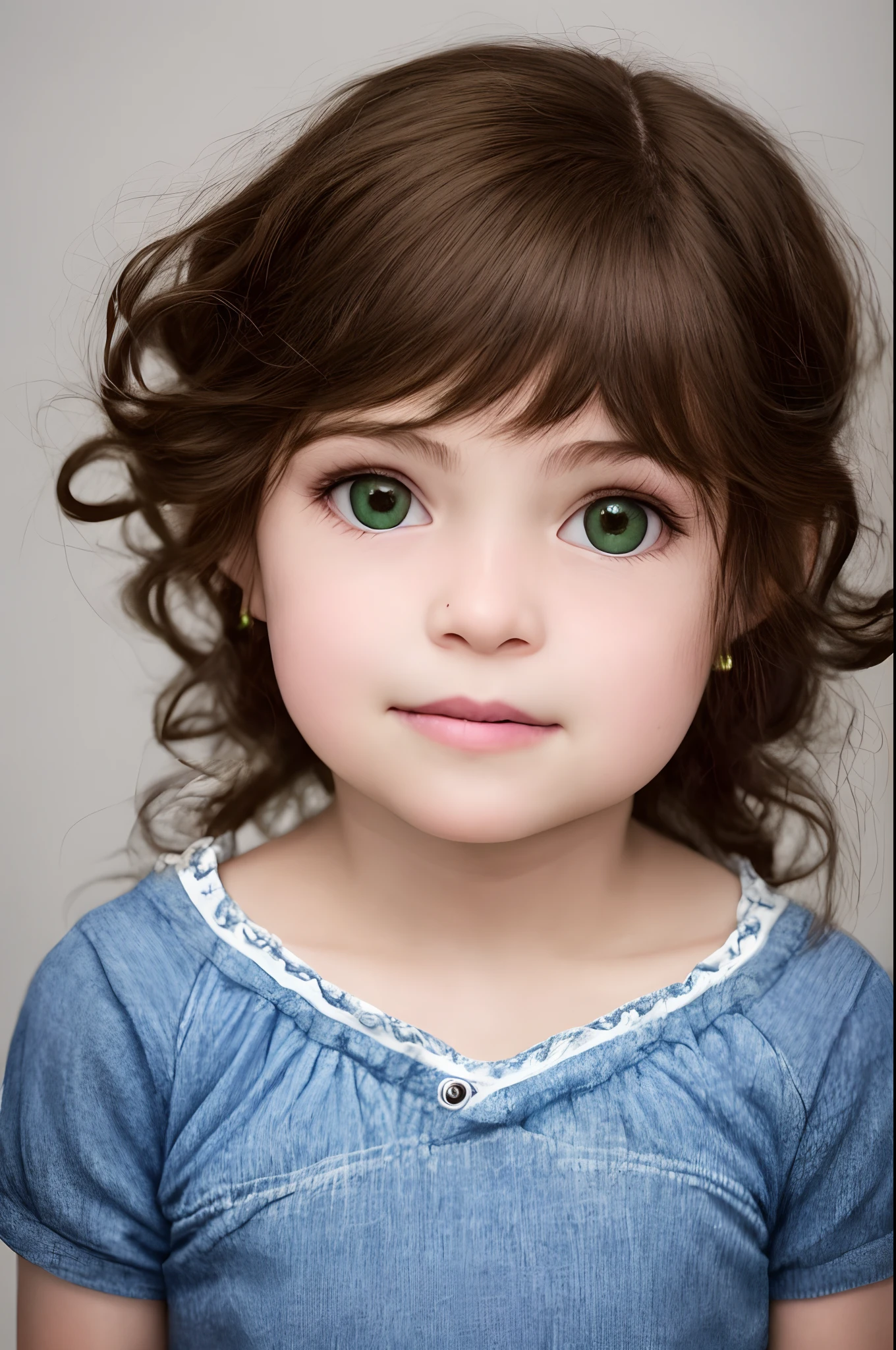 A four-year-old red-haired girl, with short curly hair and green eyes