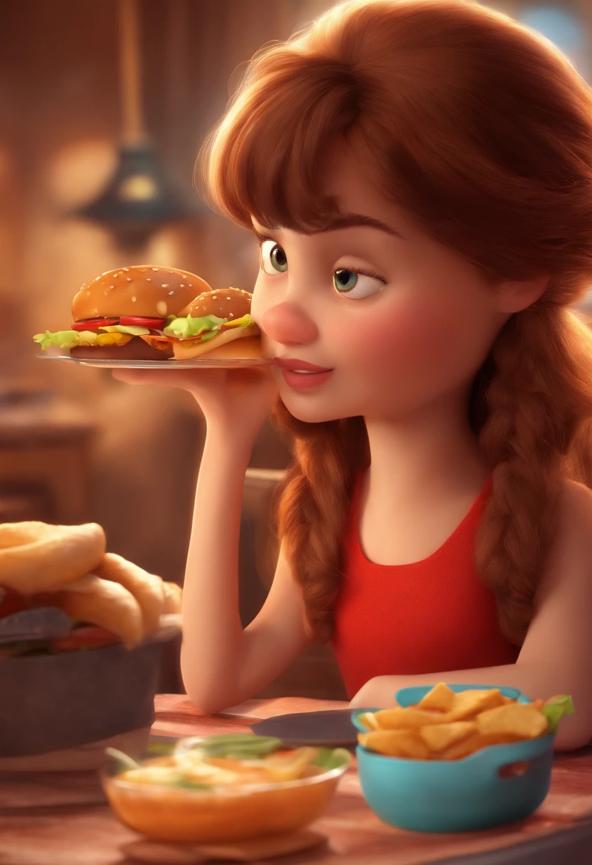 Make a Girl, como Disney Cartoon, She's eating hamburger, Pixar, ..3d, Disney