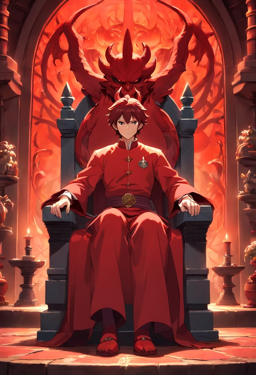 Ultra HD HDR Realism Red Demon Sitting on Throne, pixels de luz vermelhas, chamas vermelhas cobrindo seu corpo, masculino