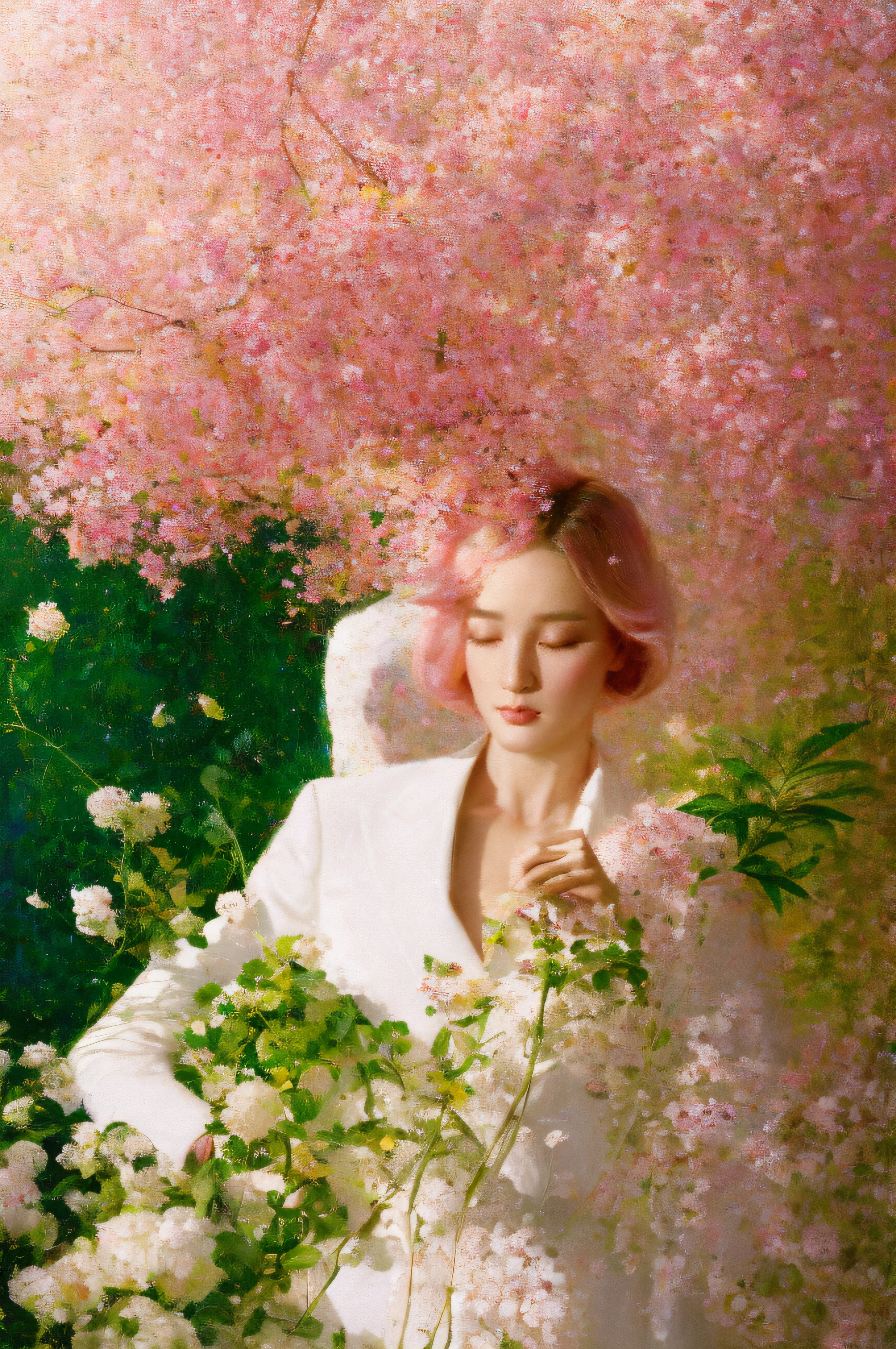 A fashion magazine, Hyperrealistic oil painting, (a pure white parrot), Short hair neutral woman, pink and emerald, Plants cover the background, style of artist hsiao-ron cheng, shiny hair, cowboy shot, Art Deco, Verism, bloom, award winning, retina