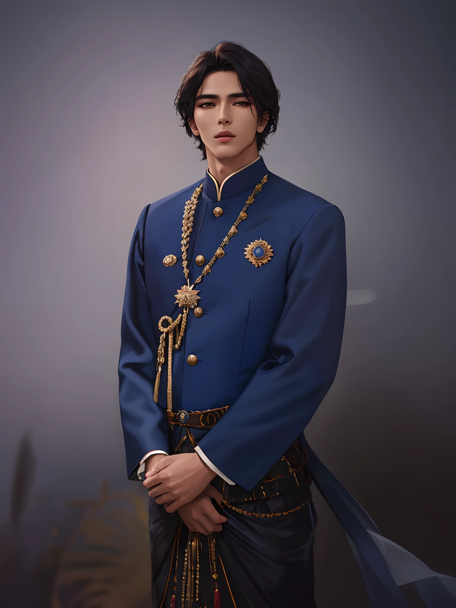 there is a man in a tradisional indonesia outfit, wearing a navy blue noble suit, delicate androgynous prince, beautiful androgynous prince, realistic, ultra details Best quality, masterpiece, ultra high res, (photorealistic:1.4), raw photo, young handsome male