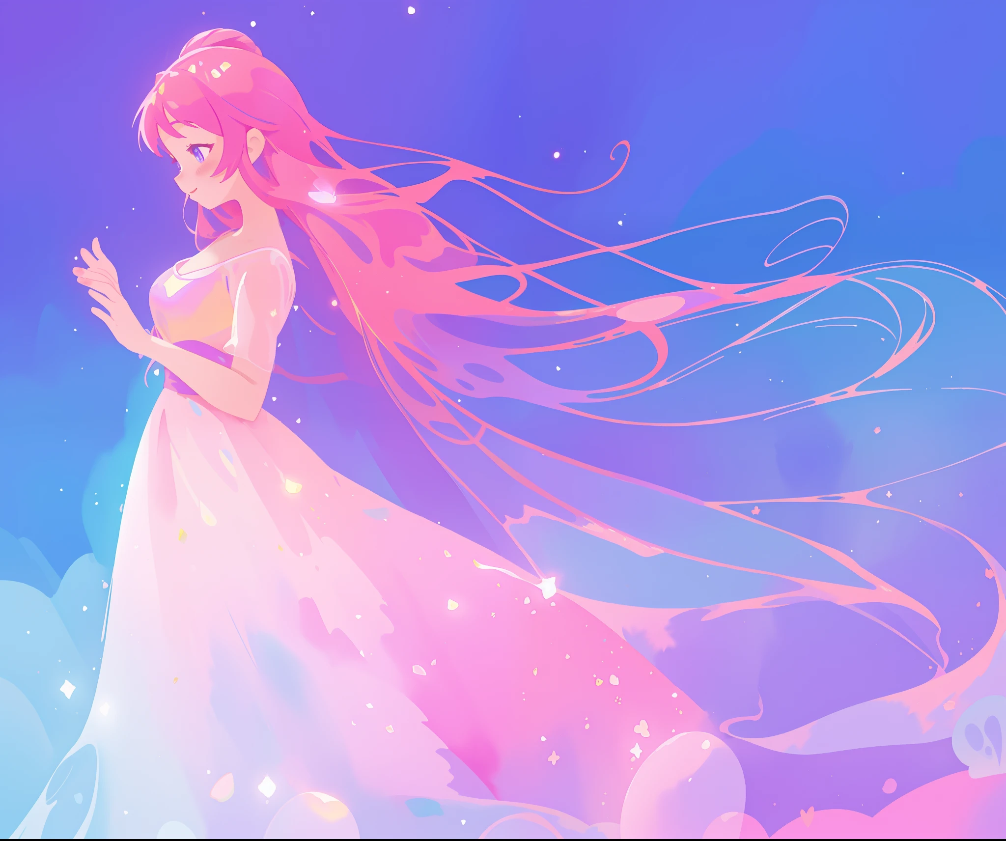 beautiful girl in colorful sparkling flowing ballgown, long flowing purple pink hair, colorful sparkling lights, flowing liquid theme, colorful fantasia background, watercolor illustration, disney art style, glowing aura around her, glowing lights, beautiful digital illustration, fantasia otherworldly landscape plants flowers, beautiful, masterpiece, best quality, anime disney style