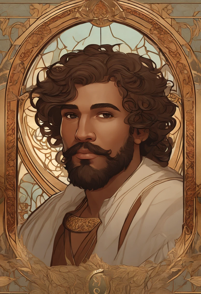 Portrait Rpg, Bronze Frame, Close-up, Race: Dwarf, Gender: Male, Age: 30 years, Eyes: Dark Brown; Skin color: Light skin, Hair: Curly brown, Physique: Fat complexion, Facial features: Leafy beard, Expression: Cheerful look, Equipment: Dwarf King clothing, Background: simple portrait with frame, Alphonse Mucha (Masterpiece, best quality, high: 1.4), detailed, intricate details, 4K, splashes of color, line art, fibonacci