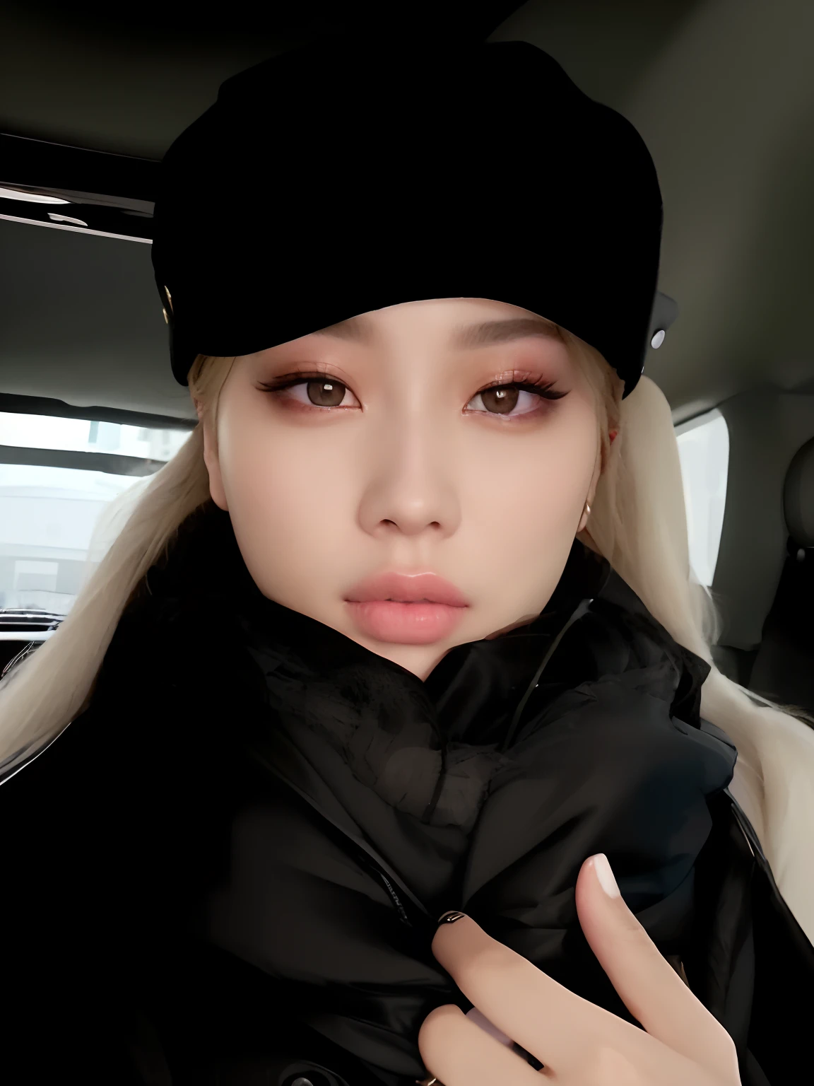 a close up of a person wearing a black hat and a black jacket, roseanne park of blackpink, portrait of jossi of blackpink, jimin\'s plump lips, jossi of blackpink, jimin\'s right eyelid swollen, sun yunjoo, blackpink jennie, cl, ji-min, park ji-min, profile pic