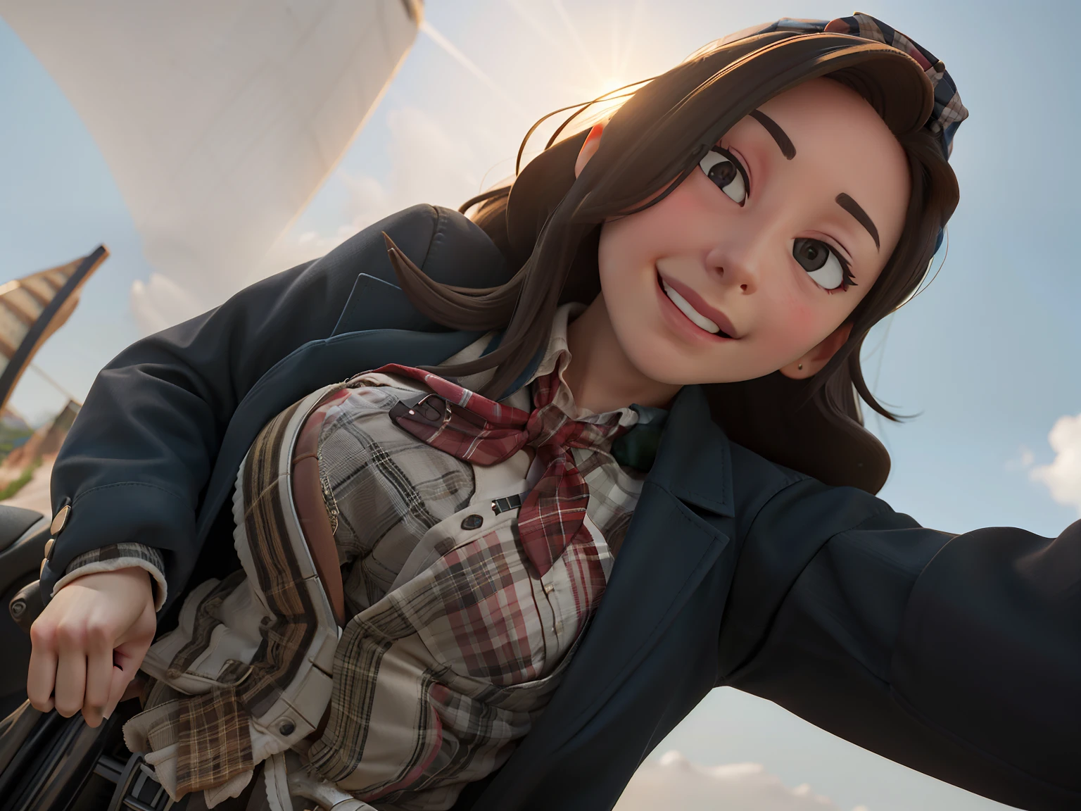 masterpiece, high quality best quality,1girl, bangs, beach, blue_sky, blush, bow, breasts, checkered, checkered_shirt, checkered_skirt, cloud, cloudy_sky, collarbone, day, envelope, giving, grass, hair_bow, heart, holding, holding_letter, horizon, incoming_gift, kazami_yuuka, leaning_forward, lens_flare, letter, light_rays, long_hair, looking_at_viewer, love_letter, mountain, mountainous_horizon, ocean, outdoors, plaid, plaid_background, plaid_bikini, plaid_bow, plaid_bowtie, plaid_bra, plaid_dress, plaid_headwear, plaid_jacket, plaid_legwear, plaid_necktie, plaid_neckwear, plaid_panties, plaid_pants, plaid_ribbon, plaid_scarf, plaid_shirt, plaid_skirt, plaid_vest, pov, shirt, skirt, sky, smile, solo, sun, sunbeam, sunlight, tree, unmoving_pattern