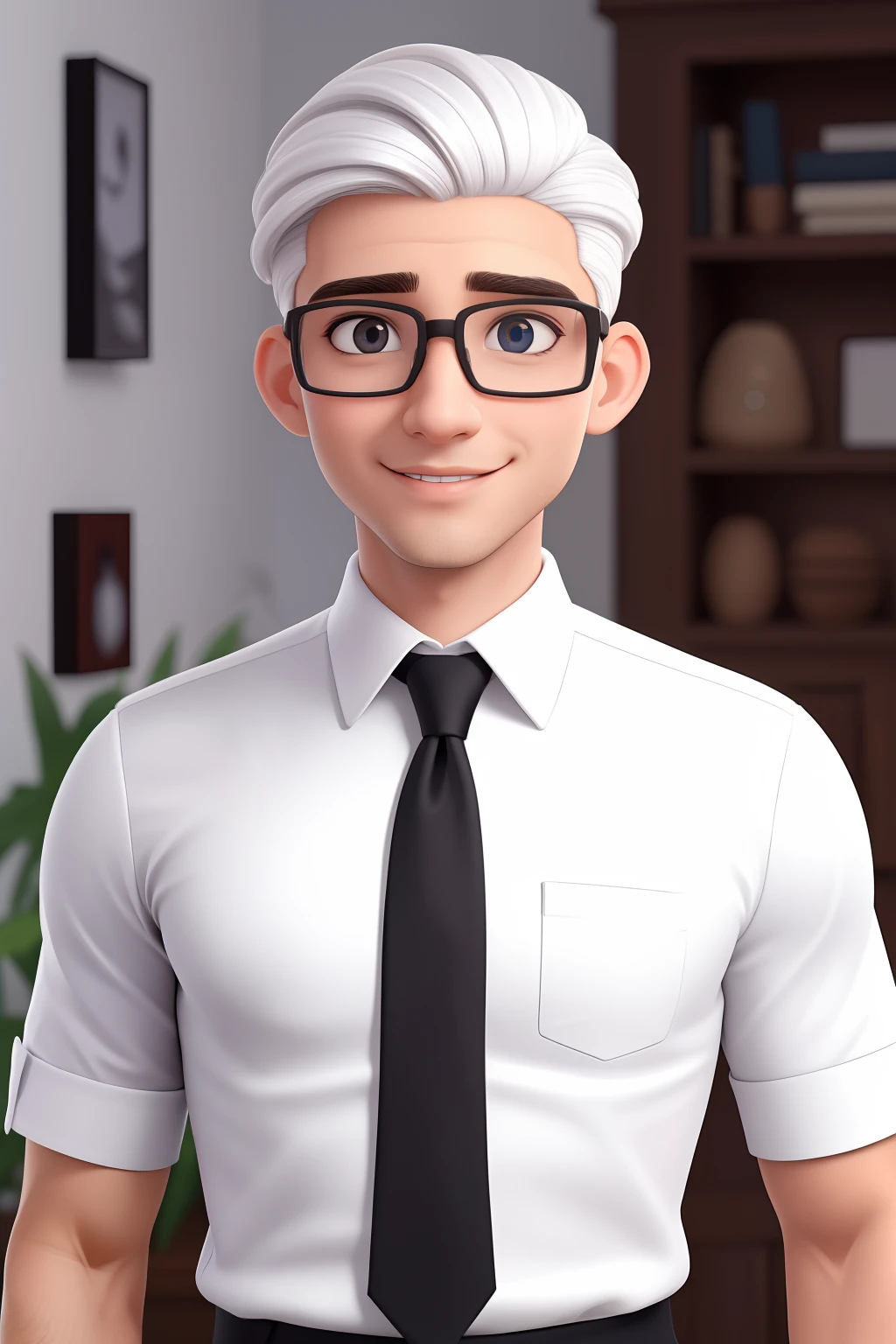 Um homem de 30 anos, com cabelos castanhos curtos,face de diamante, olhar rigoroso, e olhos castanhos, Wearing white white shirt with tie and glasses.