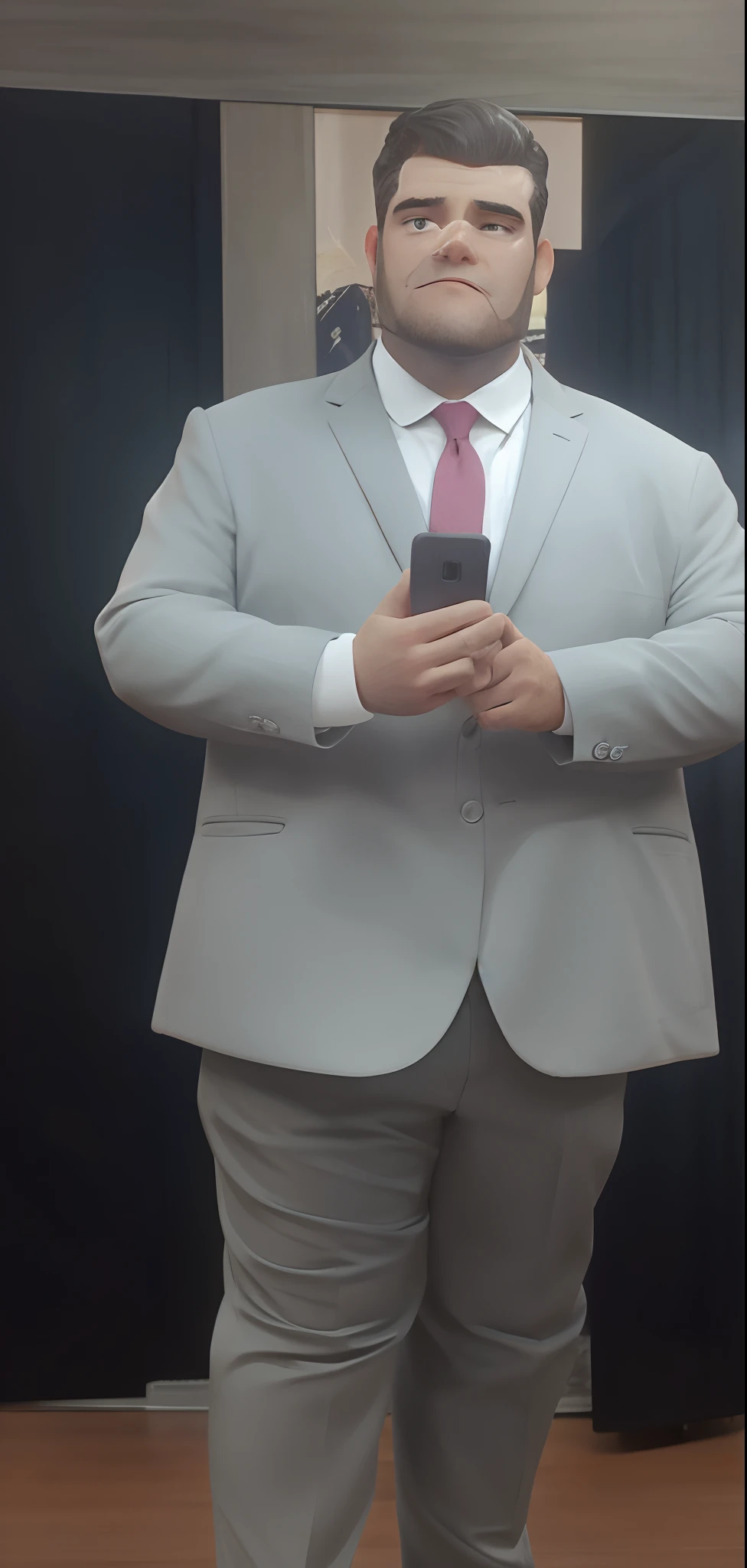 There's a man in a suit and tie taking a selfie, he is wearing a suit, terno cinza, em seu terno, wearing business suit, vestindo terno apertado, terno e gravata, vestindo ternos!, vestido com um terno, full body profile camera shot, wearing a business suit, vestindo terno, usando terno e gravata, terno bronzeado, em terno estrito