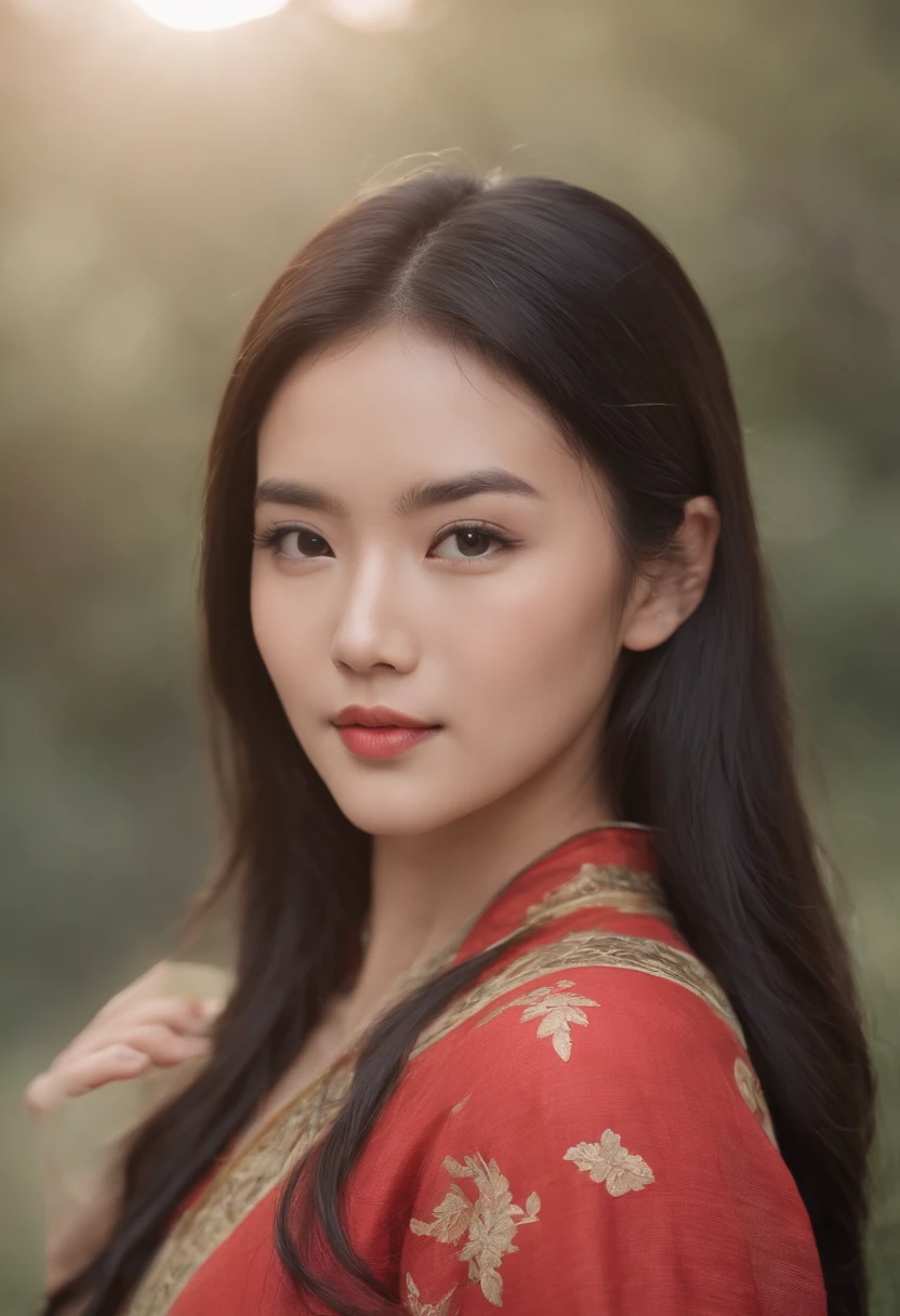 an Asian woman about 19 years old, Caucasian complexion, traditional black hair, with a pair of fanciful clear black eyes, tunic, slender and graceful, pretty, under the light sun in the scenery of old Vietnam, Extremely sharp focus, Realistic footage, soothing colors, Vietnamese traditional clothing.