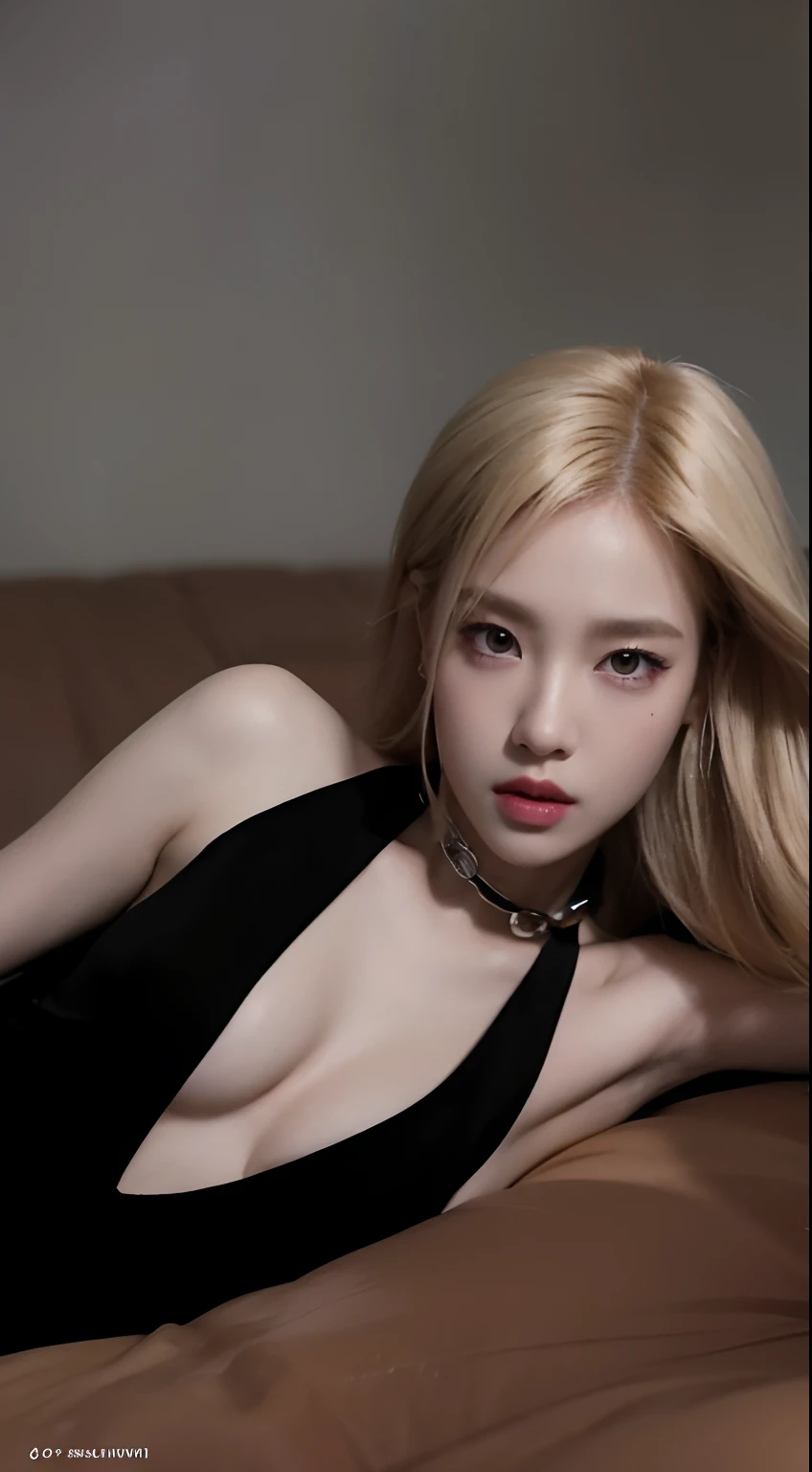 blond woman in black dress laying on a bed with a necklace, portrait of jossi of blackpink, portrait jisoo blackpink, portrait of female korean idol, roseanne park of blackpink, sun yunjoo, jisoo from blackpink, park shin hye as a super villain, jossi of blackpink, jisoo of blackpink, jia, portrait of kpop idol, [ 4 k digital art ]!!