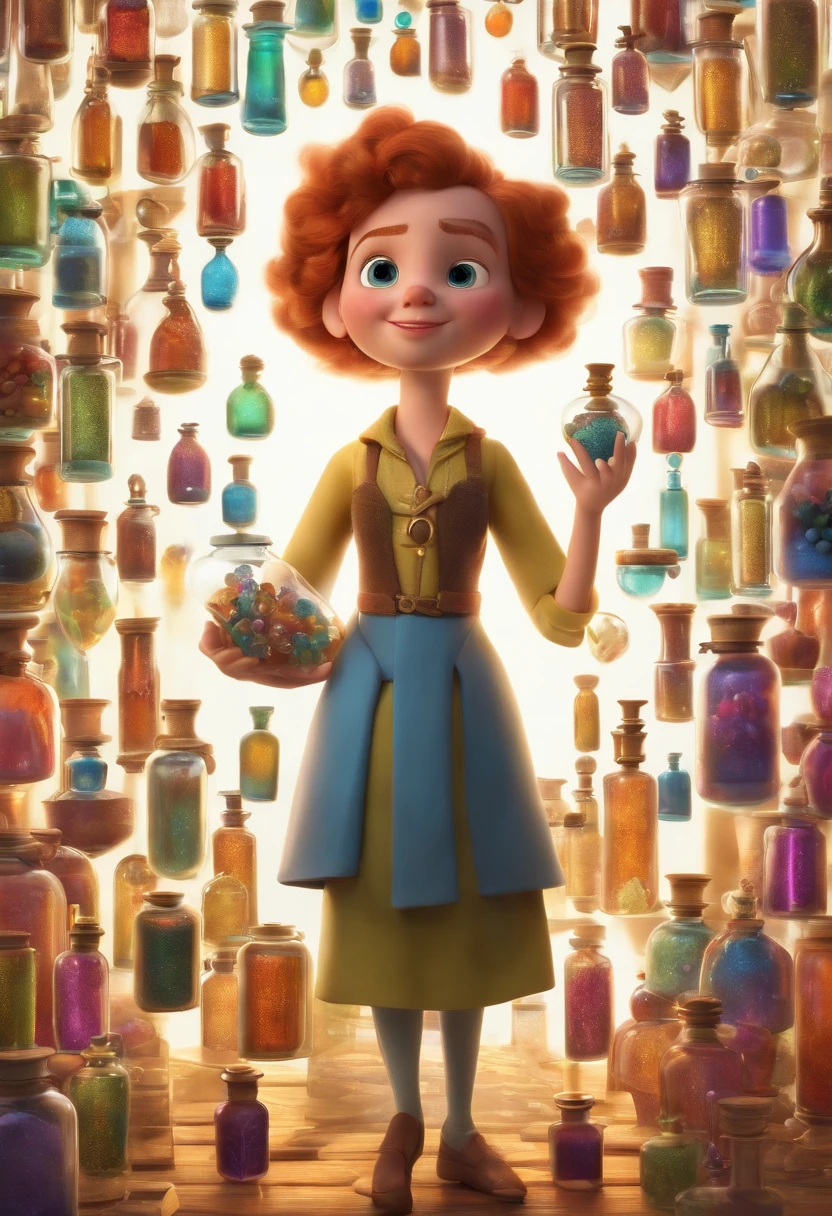 A collector of ideas inspired by Pixar animation, de perto. She is surrounded by a collection of magic vials, each containing a unique idea. The focus is on the character, with a captivating facial expression, Against a backdrop of shimmering, cores efervescentes.