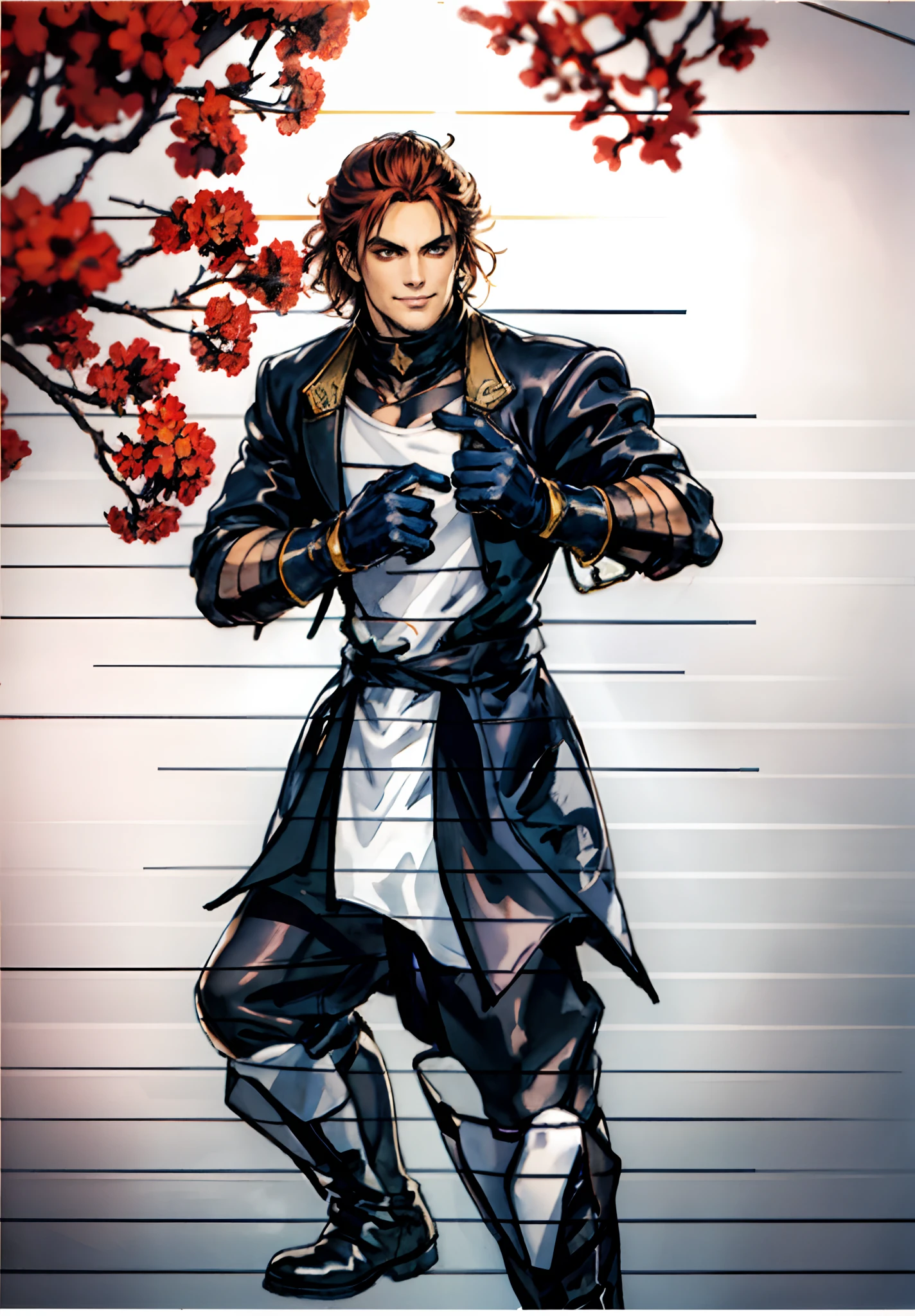 A young man, auburn hair, a center-parted back hairstyle, dark skin, narrow eyes, a cunning smile, a two-piece fantasy-reality style outfit, a white undershirt, a dark formal-style coat, wearing gloves, matching trousers with the outfit, has metallic-adorned knee-high boots, striking a boxing pose, against a background of horizon, this character embodies a finely crafted fantasy-reality style fighter in anime style, characterized by an exquisite and mature manga illustration art style, high definition, best quality, highres, ultra-detailed, ultra-fine painting, extremely delicate, professional, anatomically correct, symmetrical face, extremely detailed eyes and face, high quality eyes, creativity, RAW photo, UHD, 8k, Natural light, cinematic lighting, masterpiece-anatomy-perfect, masterpiece:1.5, tan skin