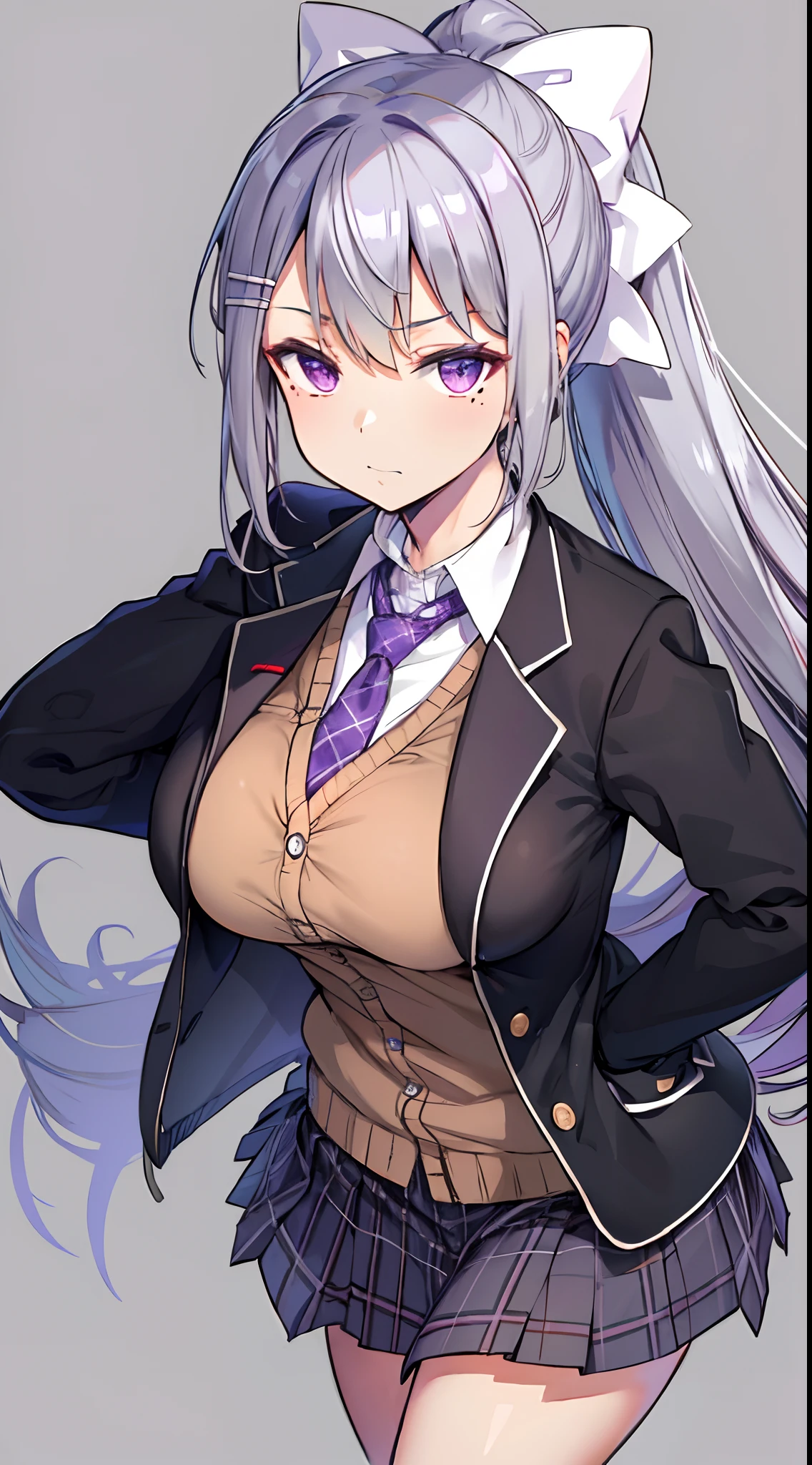 masterpiece, best quality, highres, higuchi kaede, 1girl, virtual youtuber, solo, long hair, mole under eye, skirt, necktie, jacket, purple eyes, socks, ponytail, hair ornament, white bow, hair bow, bow, blazer, very long hair, purple necktie, pleated skirt, white socks, hairclip, open clothes, cardigan, school uniform, kneehighs, grey hair, black jacket, shirt, collared shirt, plaid, open jacket, bangs, plaid skirt, miniskirt, tachi-e, white shirt, long sleeves, grey skirt, breasts, plaid necktie,