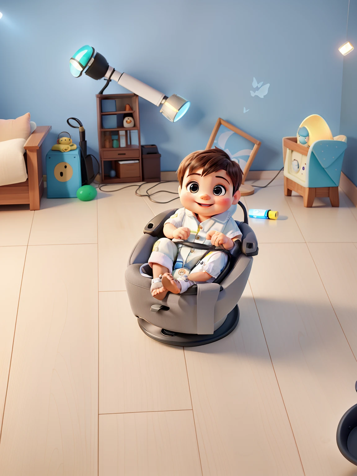 A smiling baby sitting in a car seat illuminated by the light of a background lamp in , uma sala de fotos com o fundo de tema marinheiro