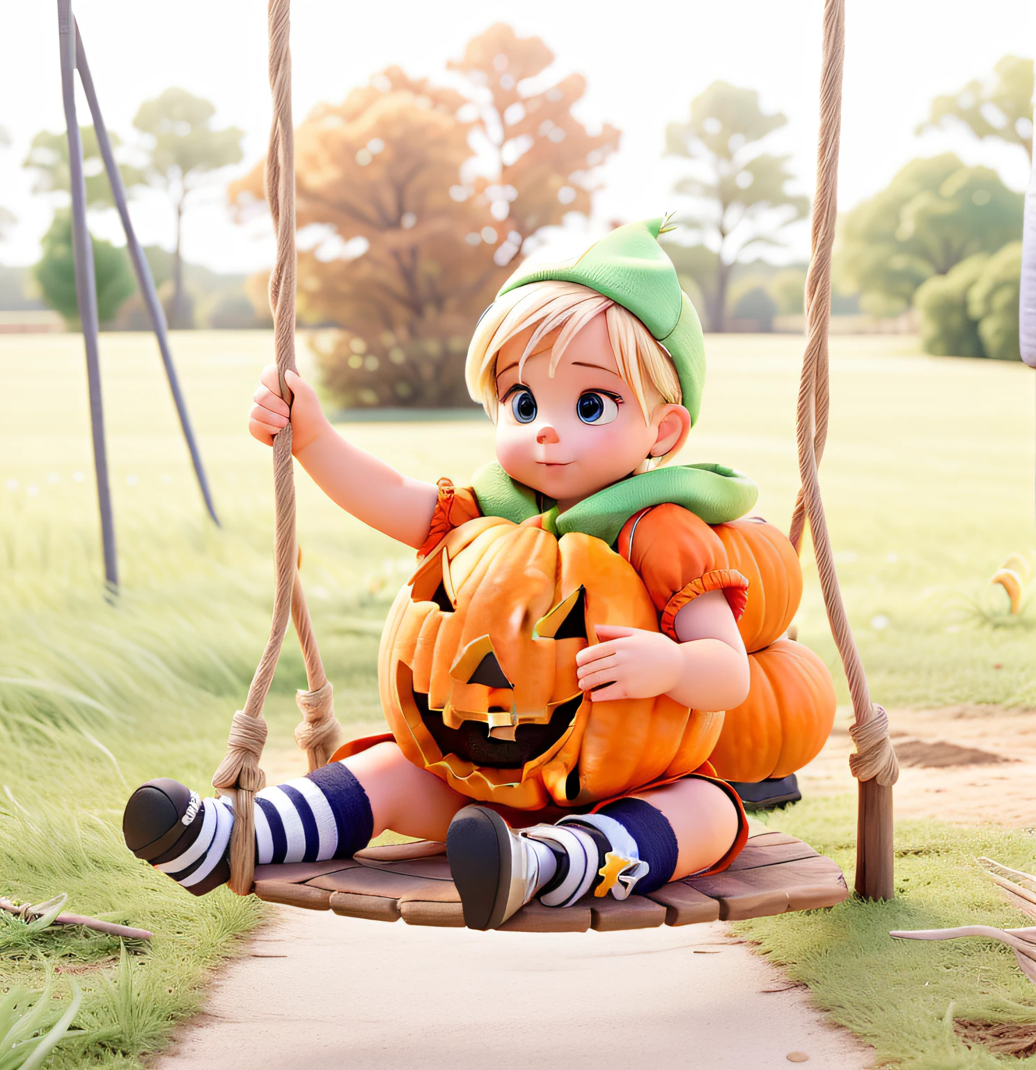 A blond baby girl dressed as a Halloween pumpkin on a Bludger with the background in the background a grassy field