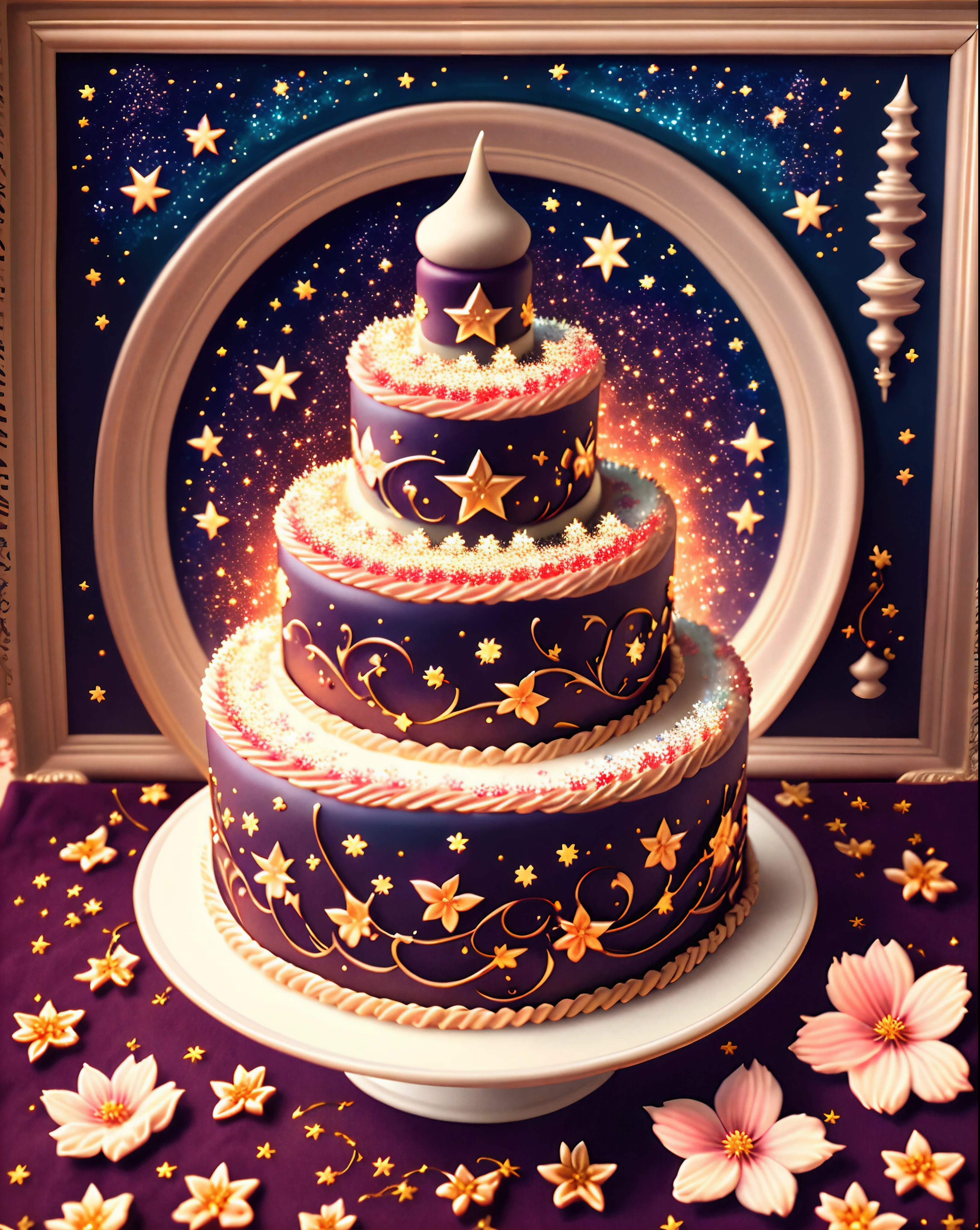 (Best quality,4K,A high resolution,Masterpiece:1.2),Delicate cake,Heavy cream,Decorated with various details,Such as small flowers,Leaves and stars that reflect light,seductive appearance,A few colorful candles on the cake,There are exquisite sweets and chocolates nearby,Fine cream,detailed flowers,Vivid colors,Sharp focus,Ultra-detailed,A masterpiece of art,professional,rich deep color,Intricate details,Attractive lighting,astrophotography,framed,Centered,symetry